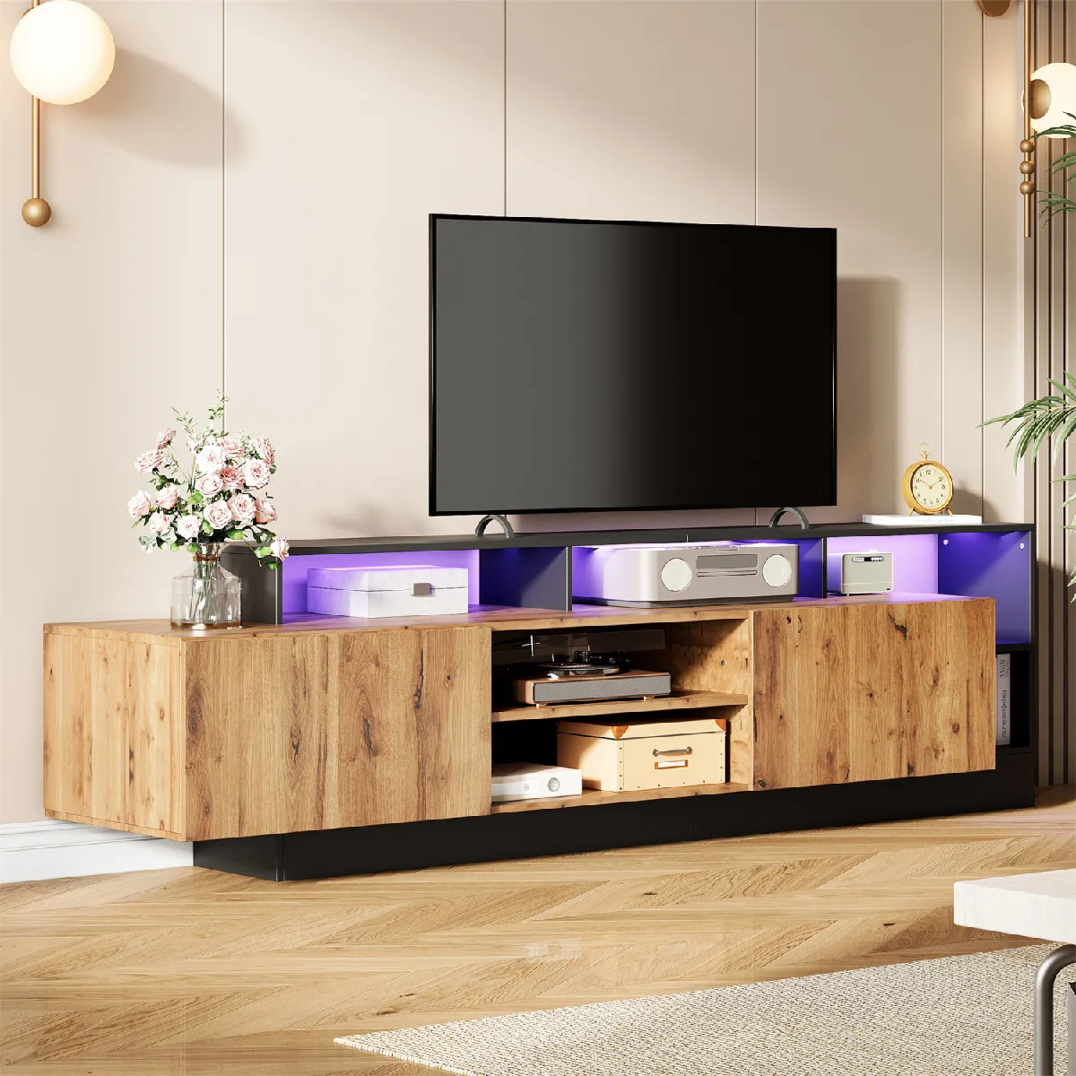 Meuble TV bois/noir, rangement ouvert, LED, chambre/salon
