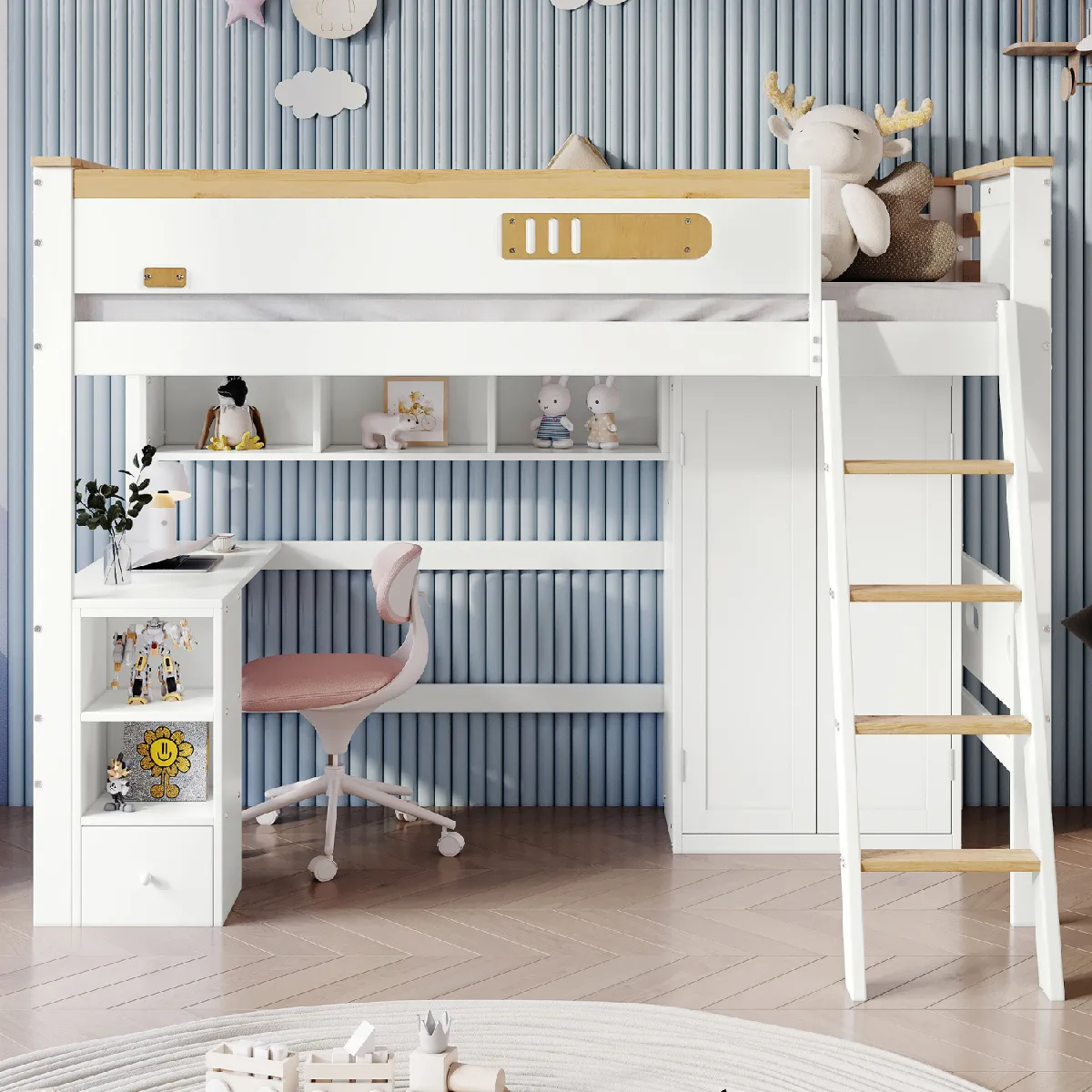 Lit Mezzanine Emob 90x200 Avec Bureau Et Armoire - Blanc - Occasion