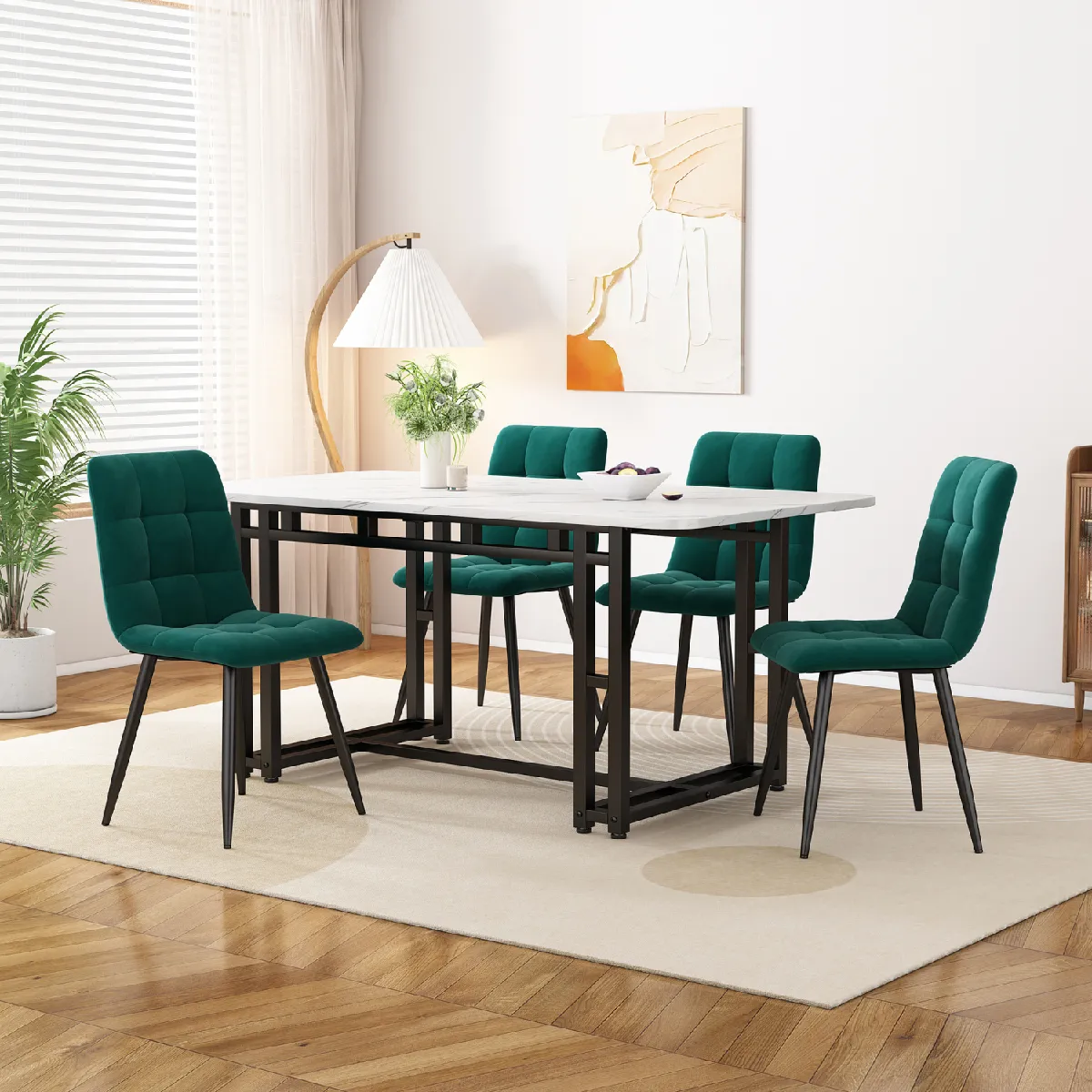 Ensemble table 120x70 cm blanc + 4 chaises velours vert foncé, pieds fer noir