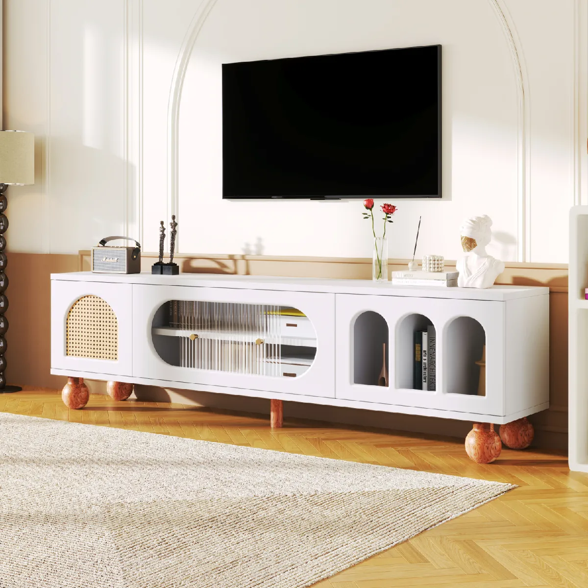 Okwish Meuble TV porte rotin et verre - Blanc