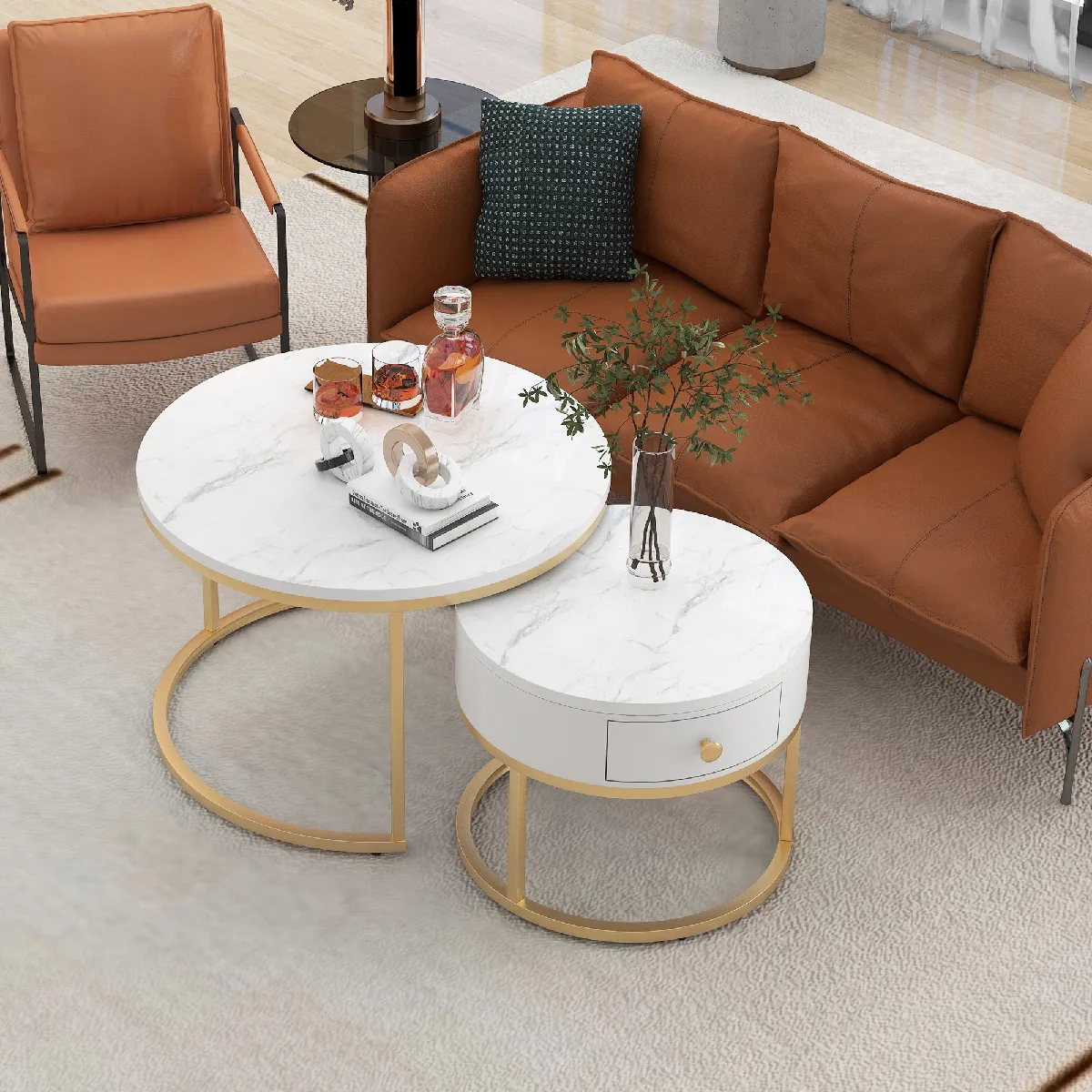 Meilleurs prix pour Lot 2 tables basses gigognes rondes, 1 tiroir, blanche brillante, 70x70x45 cm