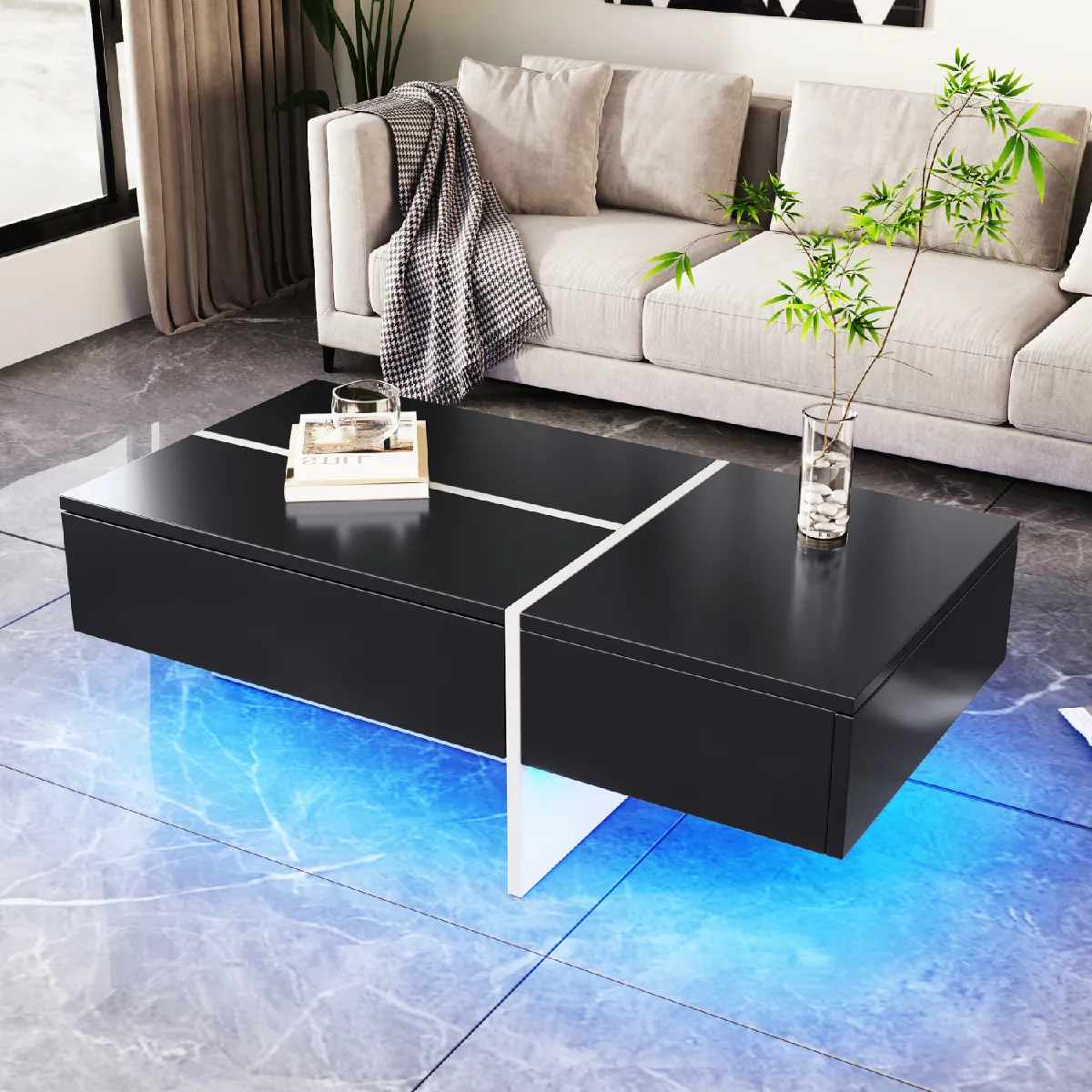 Comparer les prix de Table basse noire brillante LED app contrôlée, blocs couleurs noir/blanc