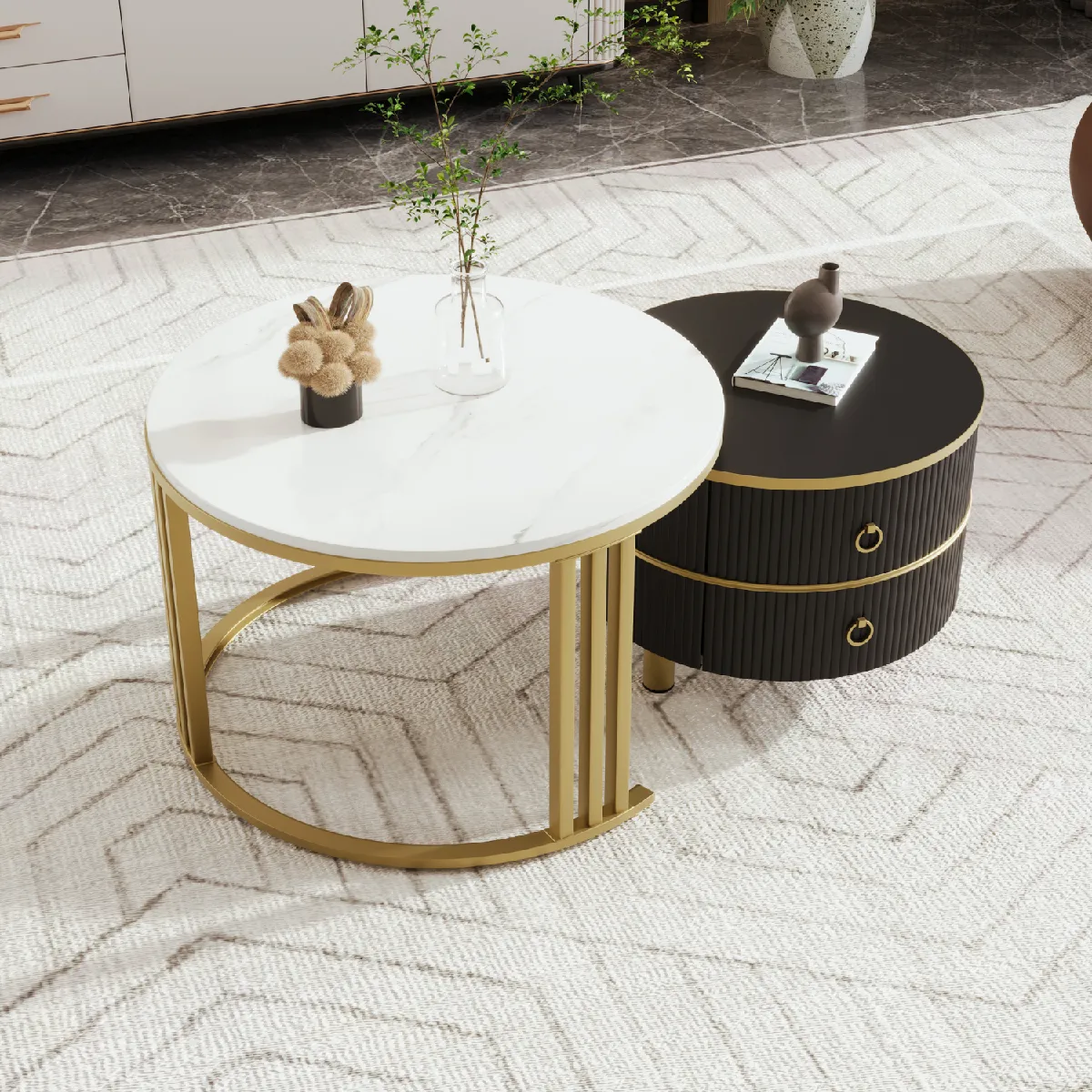 Meilleurs prix pour Table basse gigogne ronde 2 en 1, plateau brillant + marbre, MDF, blanc/or/noir