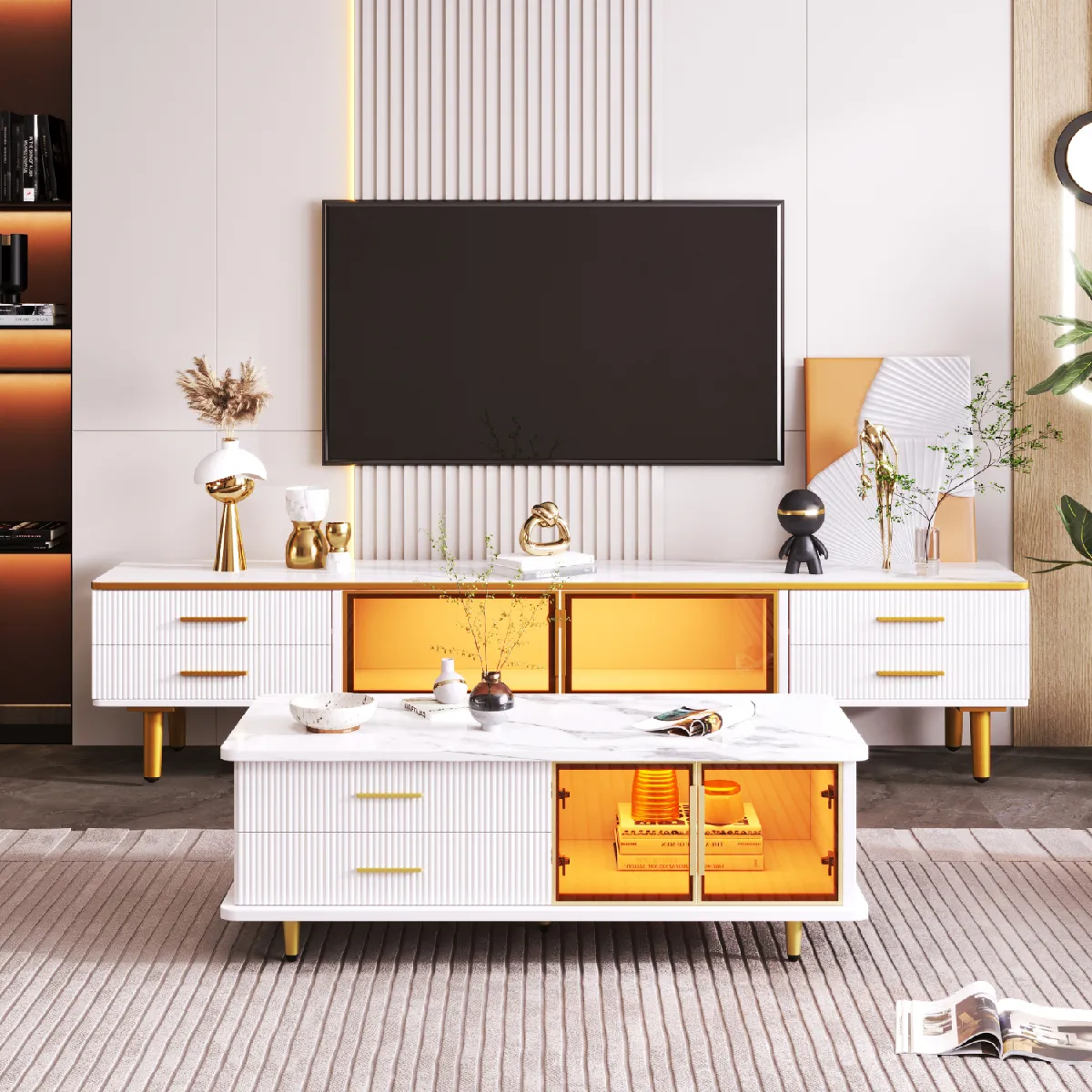 Okwish Meuble TV bas LED - Blanc
