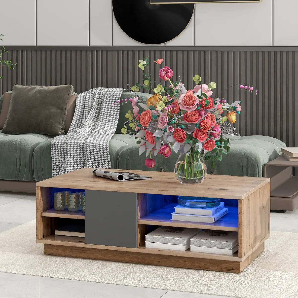 Meilleurs prix pour Table basse bois LED, grand rangement, 100x48x35 cm