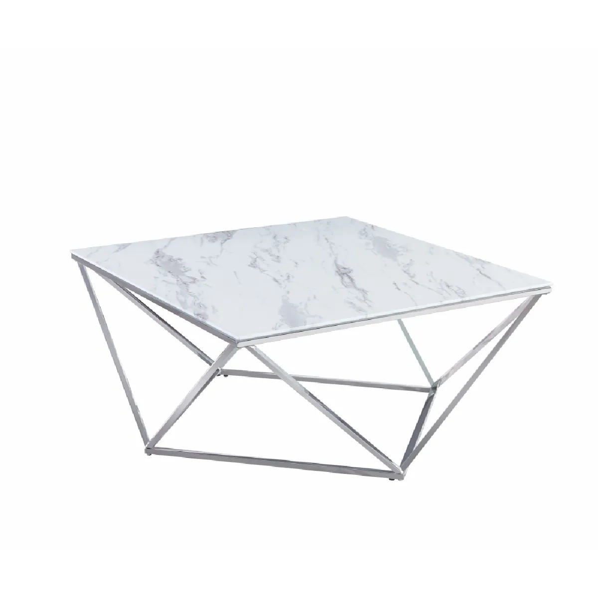 Meilleurs prix pour Table Basse Carré Alina Plateau En Verre Marbré Blanc Pieds Chromés 80x80x45 Cm