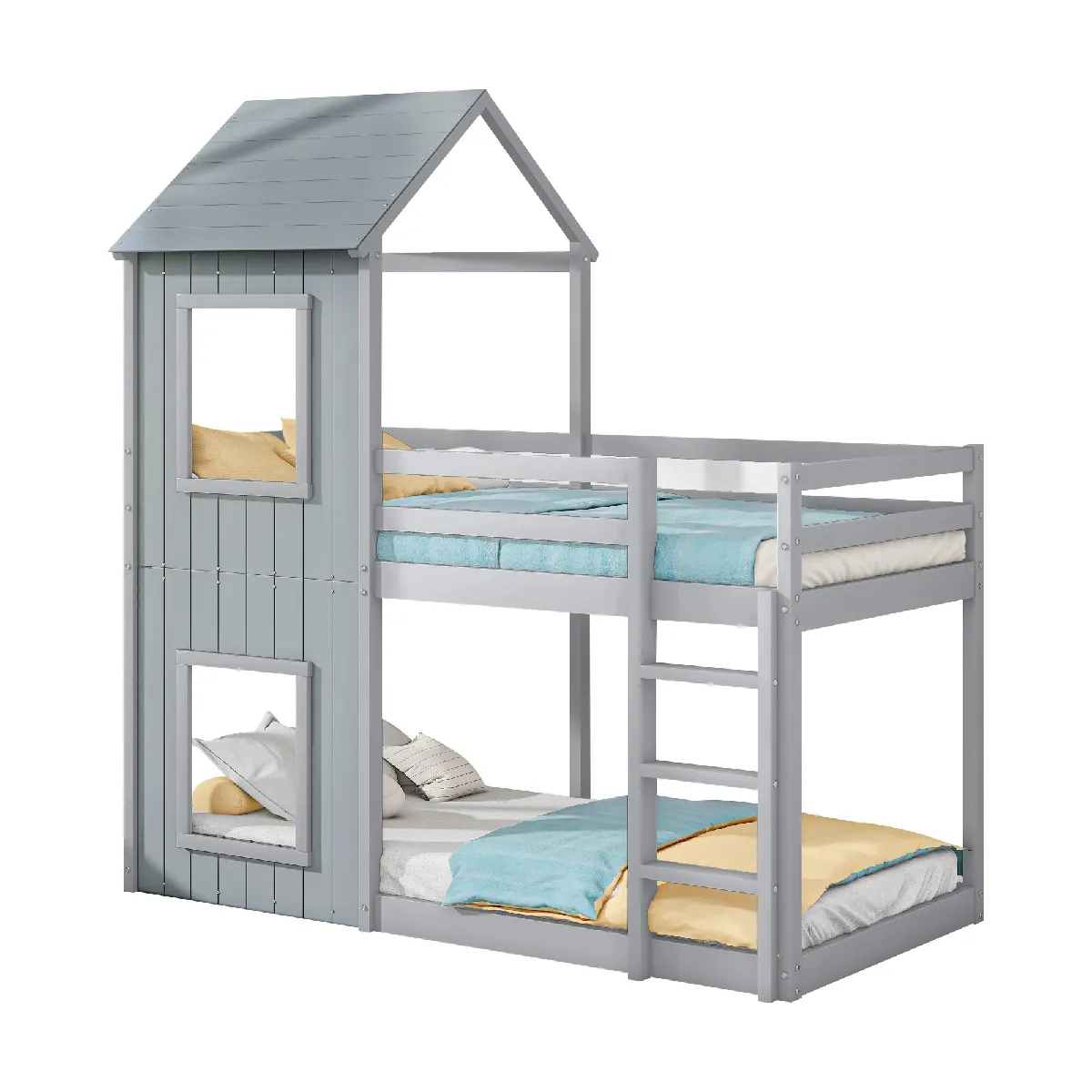 Lit superposé 90x200 cm - Lit cabane avec échelle - Gris Lit superposé 90x200 cm - Lit cabane avec échelle - Gris