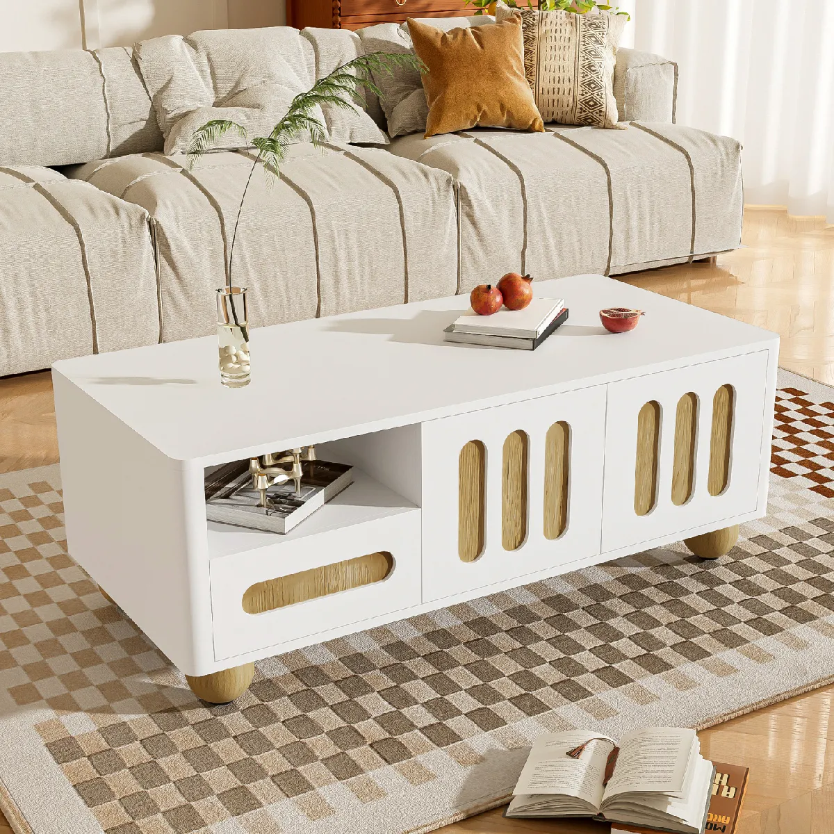 Meilleurs prix pour Table basse blanc/bois moderne, 4 portes, 2 tiroirs, rangement ouvert, LED, pieds sphériques