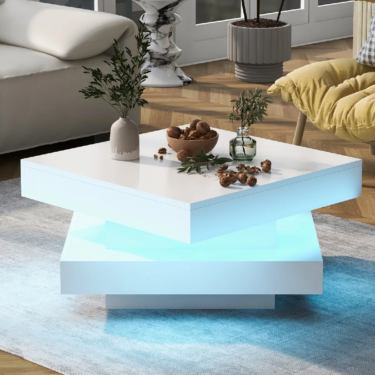 Meilleurs prix pour Table basse carrée blanche brillante LED 16 couleurs, plateau pivotant, 70x70x36 cm