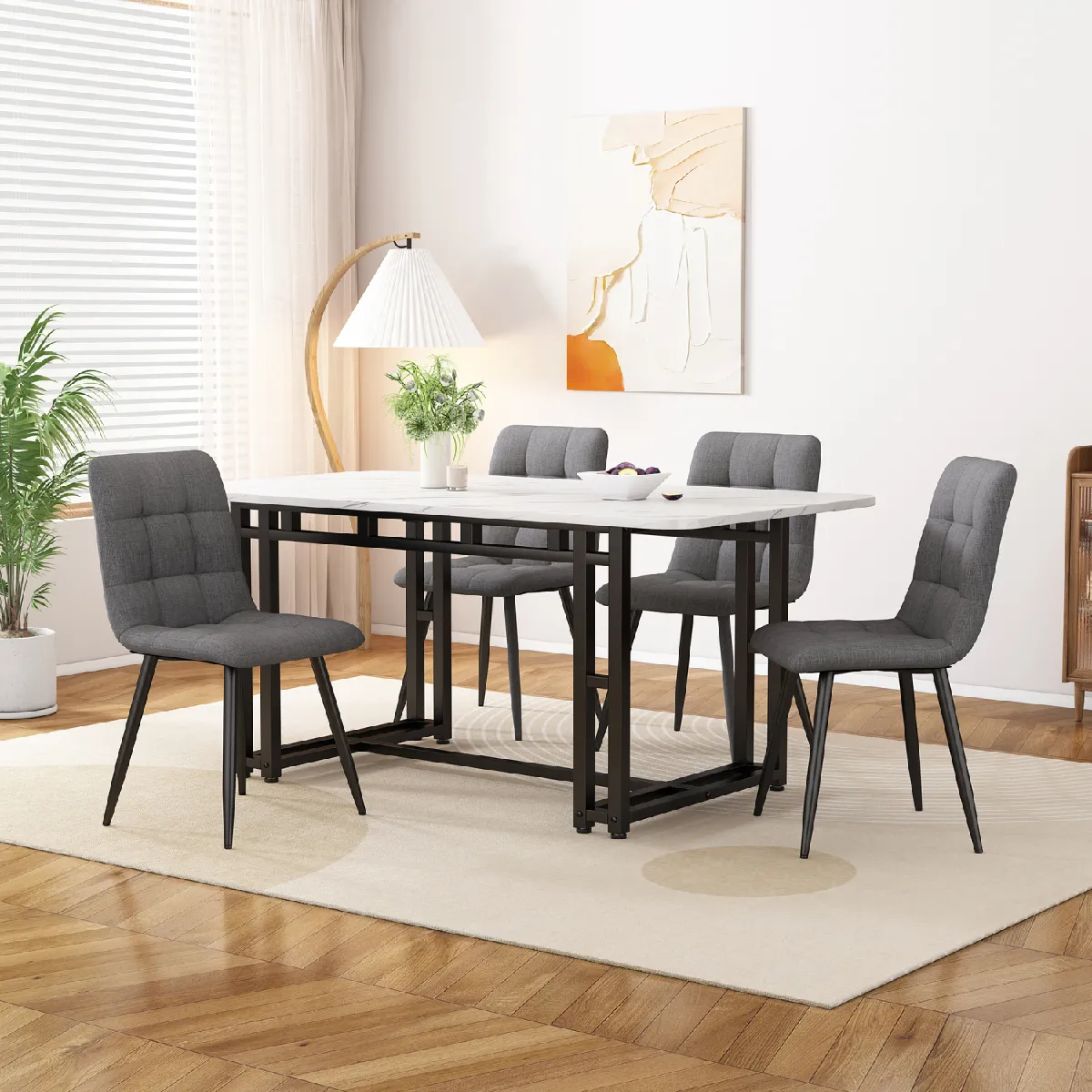 Ensemble table 120x70 cm blanc + 4 chaises velours gris, pieds fer noir