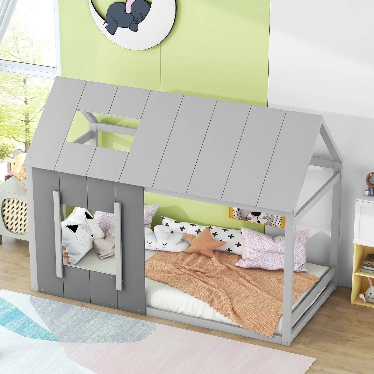 Lit enfant 90x200 cm Lit cabane avec toit - Gris foncé Lit enfant 90x200 cm Lit cabane avec toit - Gris foncé