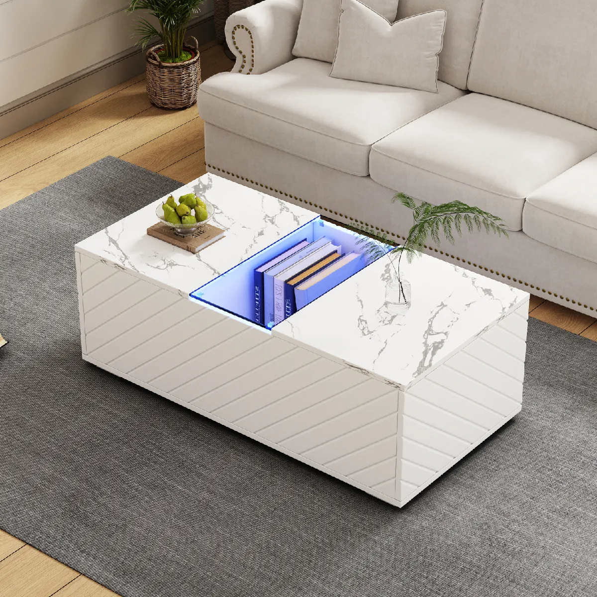 Comparer les prix de Table basse blanche LED, 2 tiroirs, marbre, verre, 100x50x35 cm