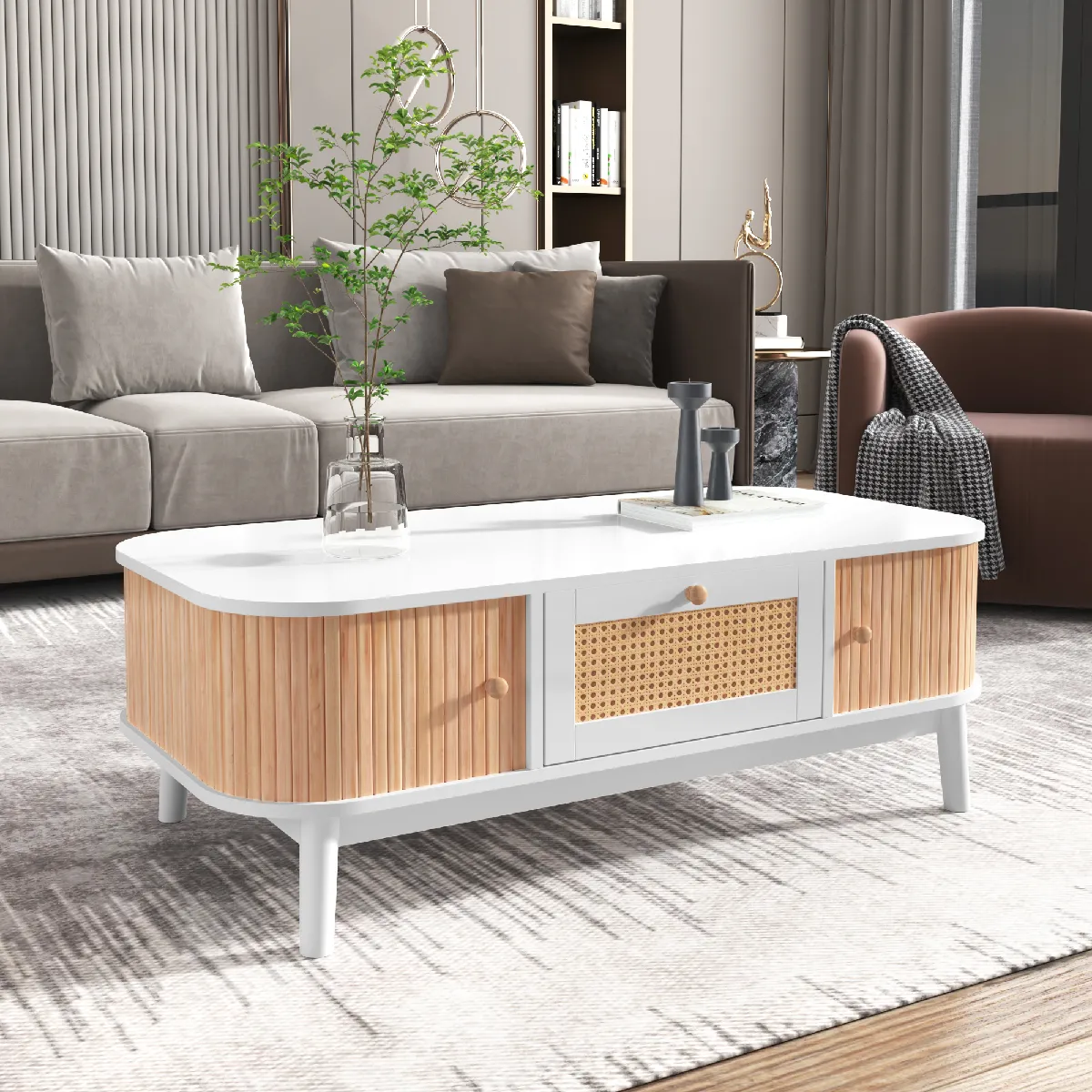 Meilleurs prix pour Table basse bois/blanche, tiroirs rotin, portes coulissantes lattes bois massif, pieds bois massif