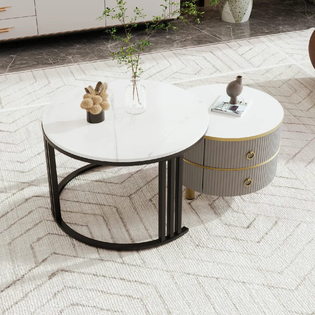 Comparer les prix de Table basse gigogne ronde 2 en 1, plateau brillant + marbre blanc, 2 tiroirs, gris/noir