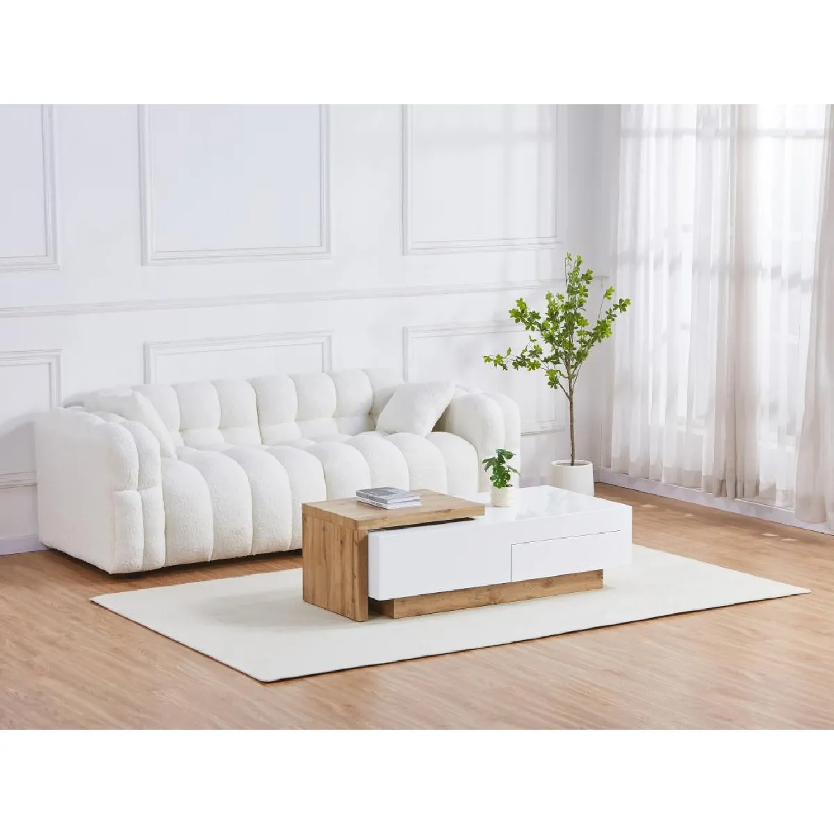 Comparer les prix de Table basse extensible en MDF avec 1 tiroir et 1 niche - Naturel et Blanc - MANDREA