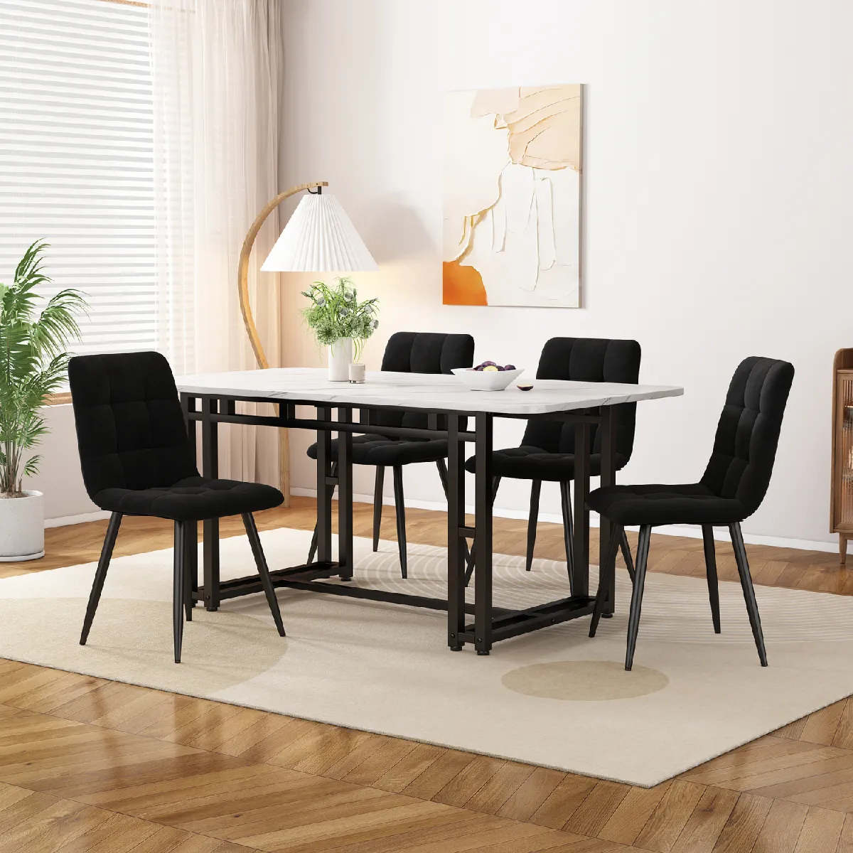 Ensemble table 120x70 cm blanc + 4 chaises velours noir, pieds fer noir