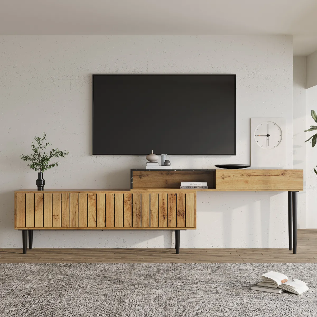 Okwish Meuble TV bois foncé – Marbre
