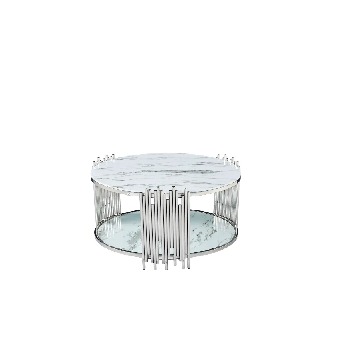 Comparer les prix de Table Basse Ronde Stick Chrome Verre Effet Marbre Blanc D90 H45 Cm