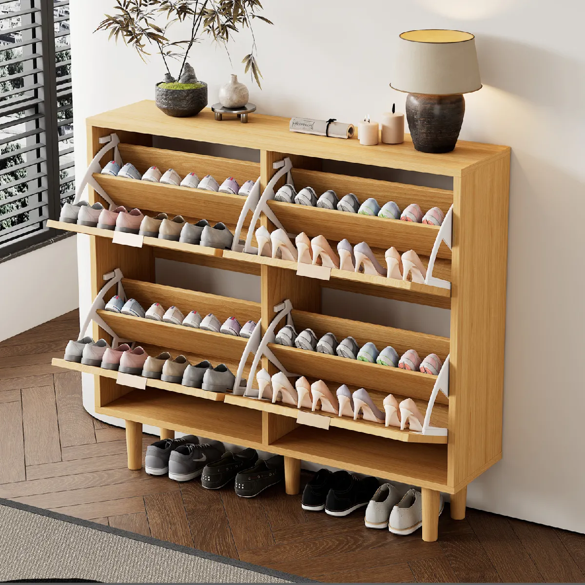 Okwish Meuble à chaussures rotin - Chêne clair