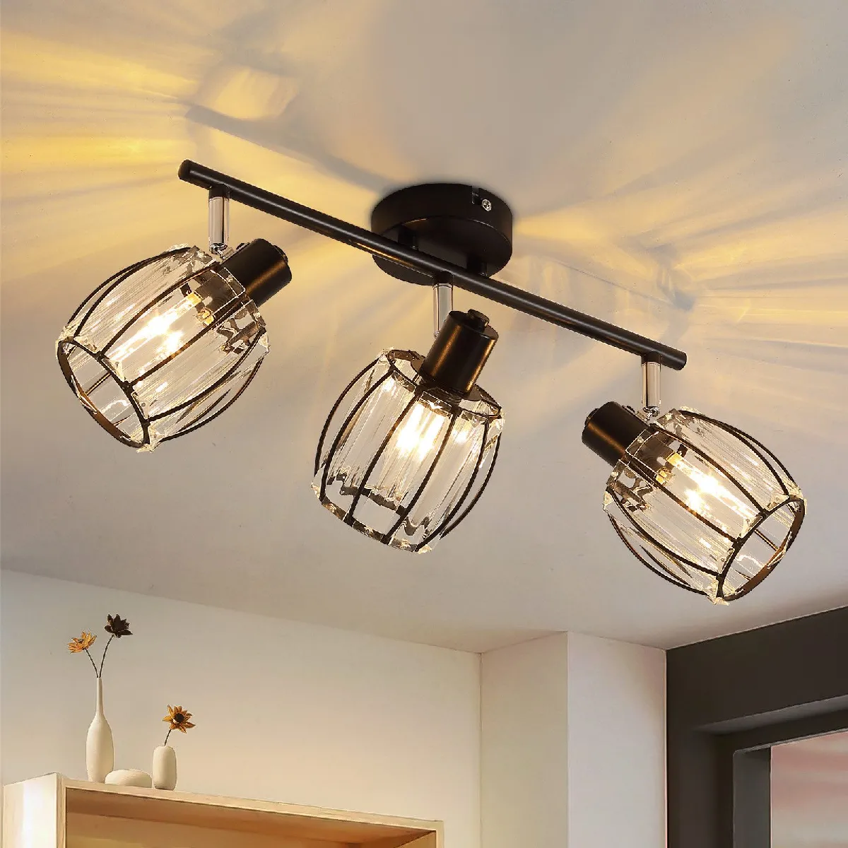 Spots De Plafond Plafonnier Tina En Bois Et Métal Noir & Or, 2 élégants Pivotants Au Style Rétro Luminaire Chambre Adulte