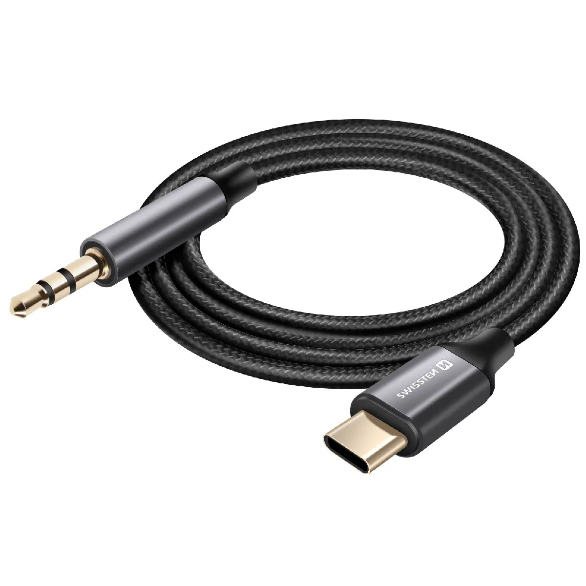 Swissten Noir Câble Auxiliaire Audio Usb C Vers Jack 3.5 Mm Nylon Tressé 1.5M - Neuf - Image 3