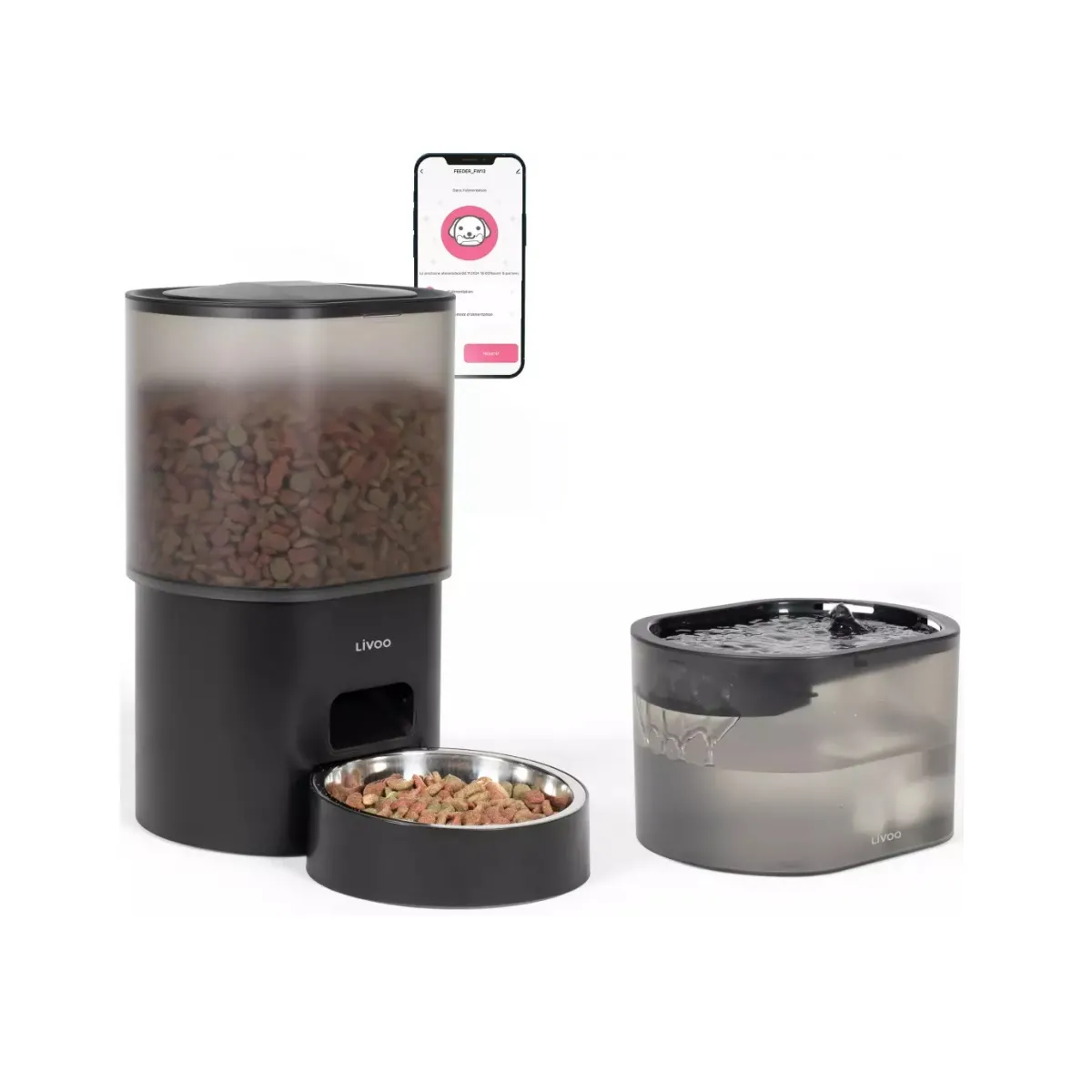 Comparer les prix de Distributeur de croquettes automatique 5w noir + fontaine à eau - PET107 - LIVOO