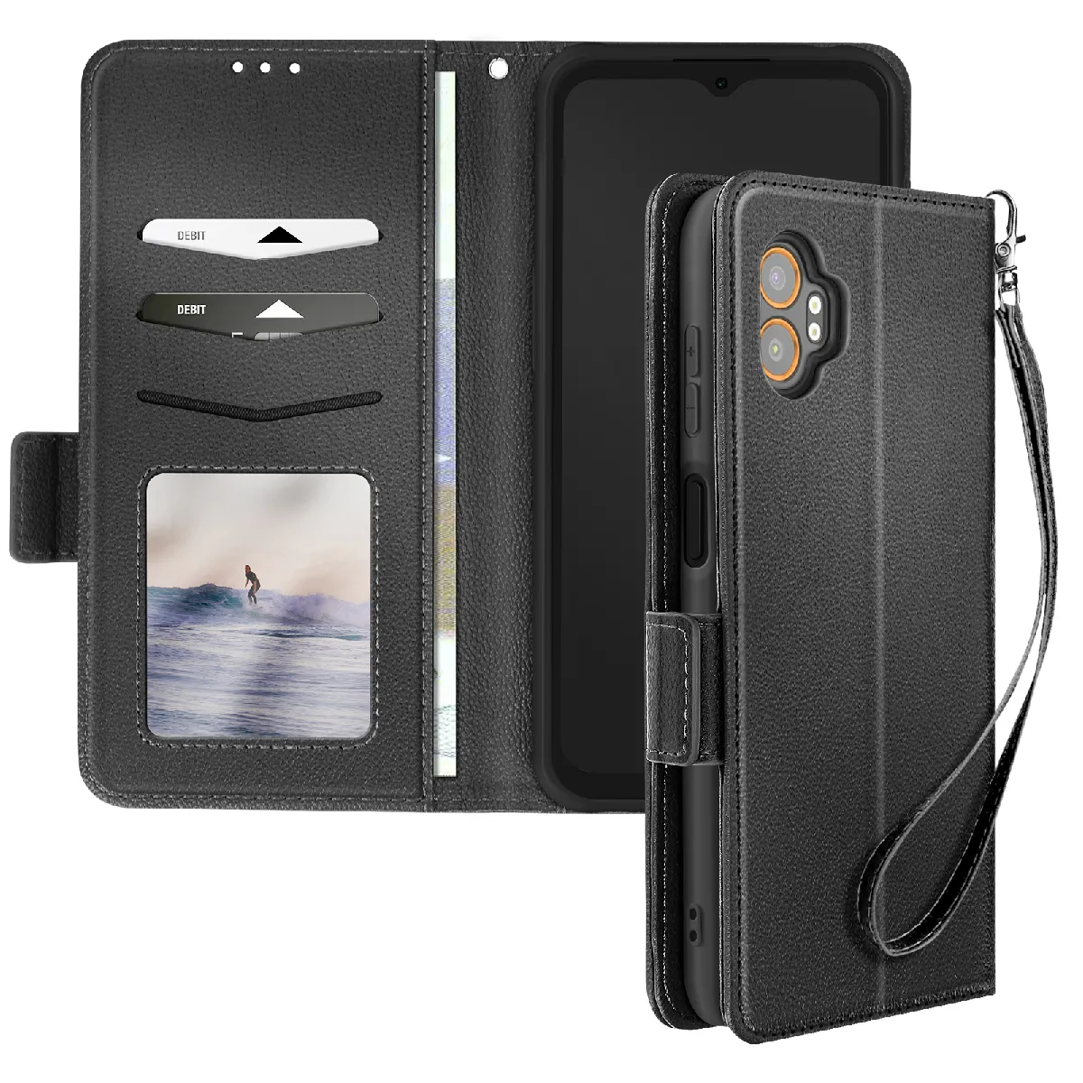 Avizar Noir Étui Clapet Pour Galaxy Xcover 7 Pro Dragonne Support Portefeuille