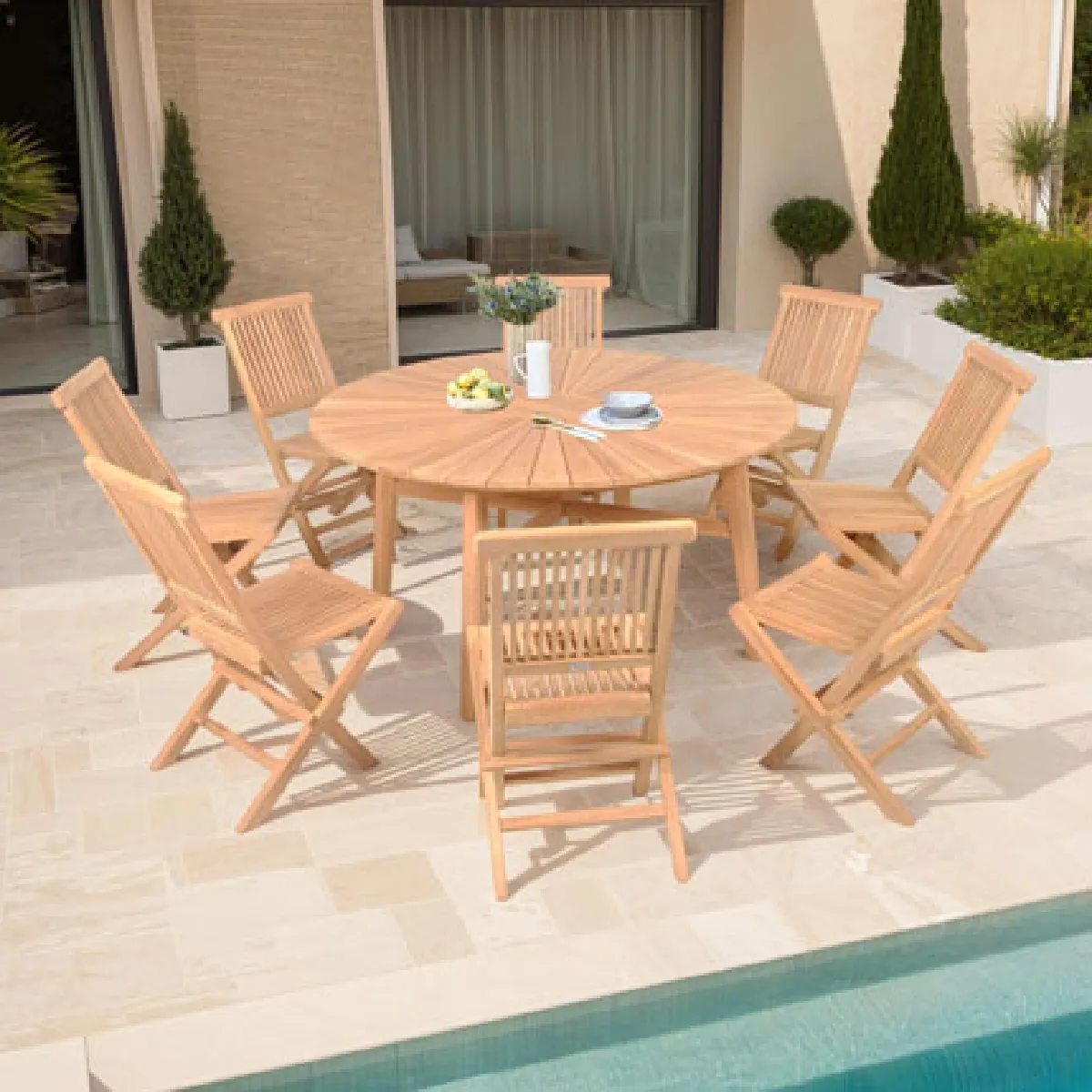 Mes Table De Jardin Ronde 180 Cm + 8 Chaises En Teck - Gardena