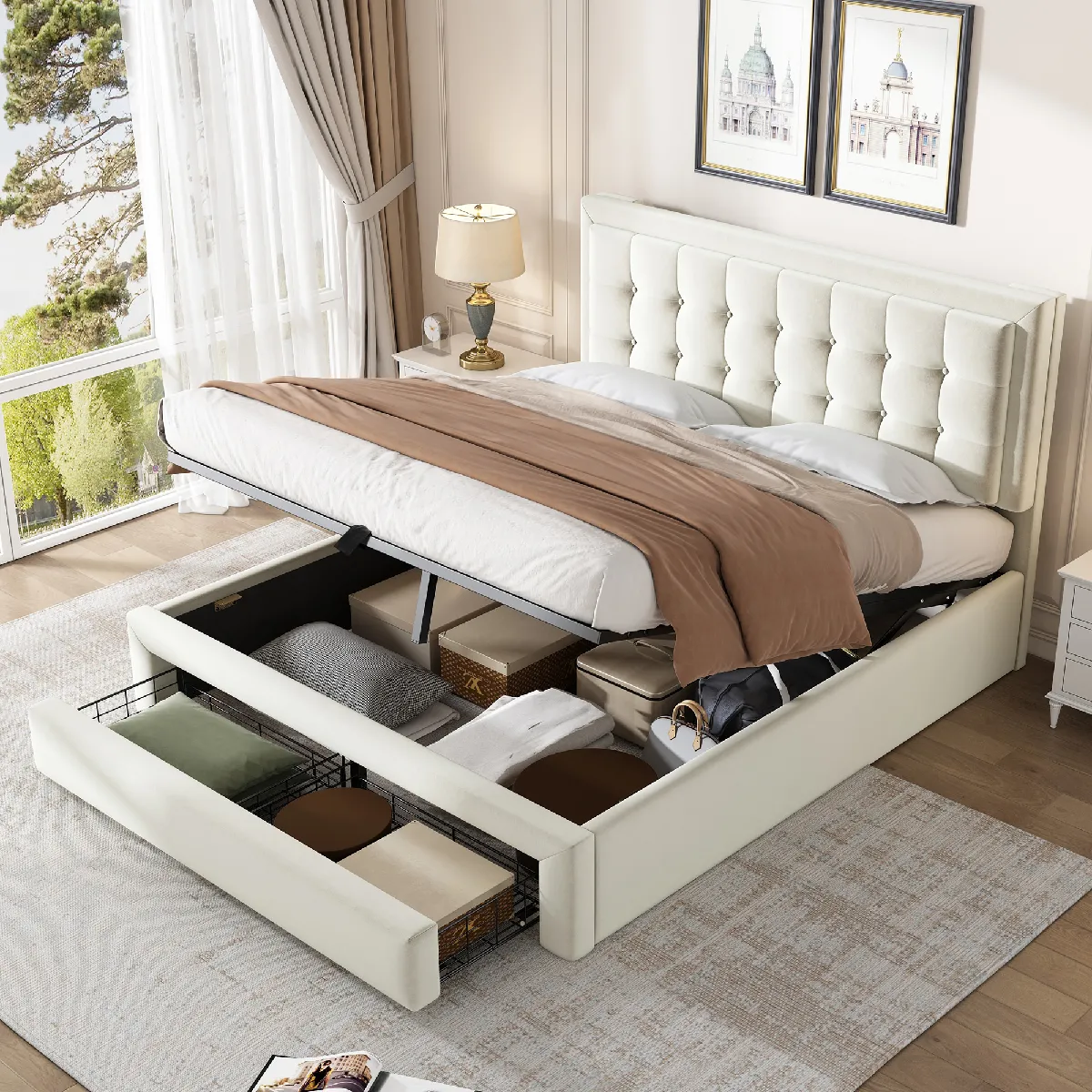 Lit coffre 140x190 cm Lit avec tiroirs - Beige Lit coffre 140x190 cm Lit avec tiroirs - Beige