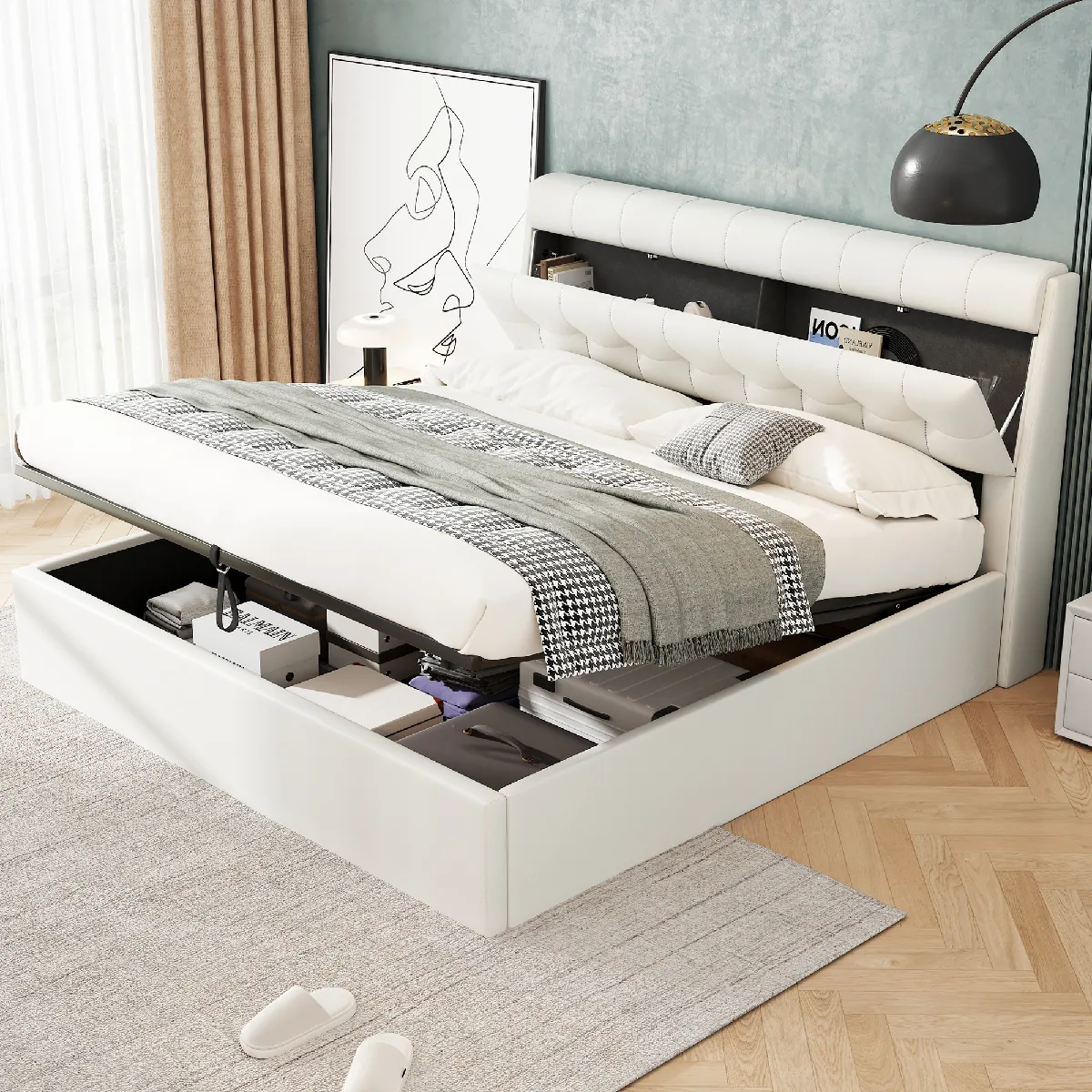 Lit coffre 160x200 cm Lit sommier lattes - Blanc Lit coffre 160x200 cm Lit sommier lattes - Blanc