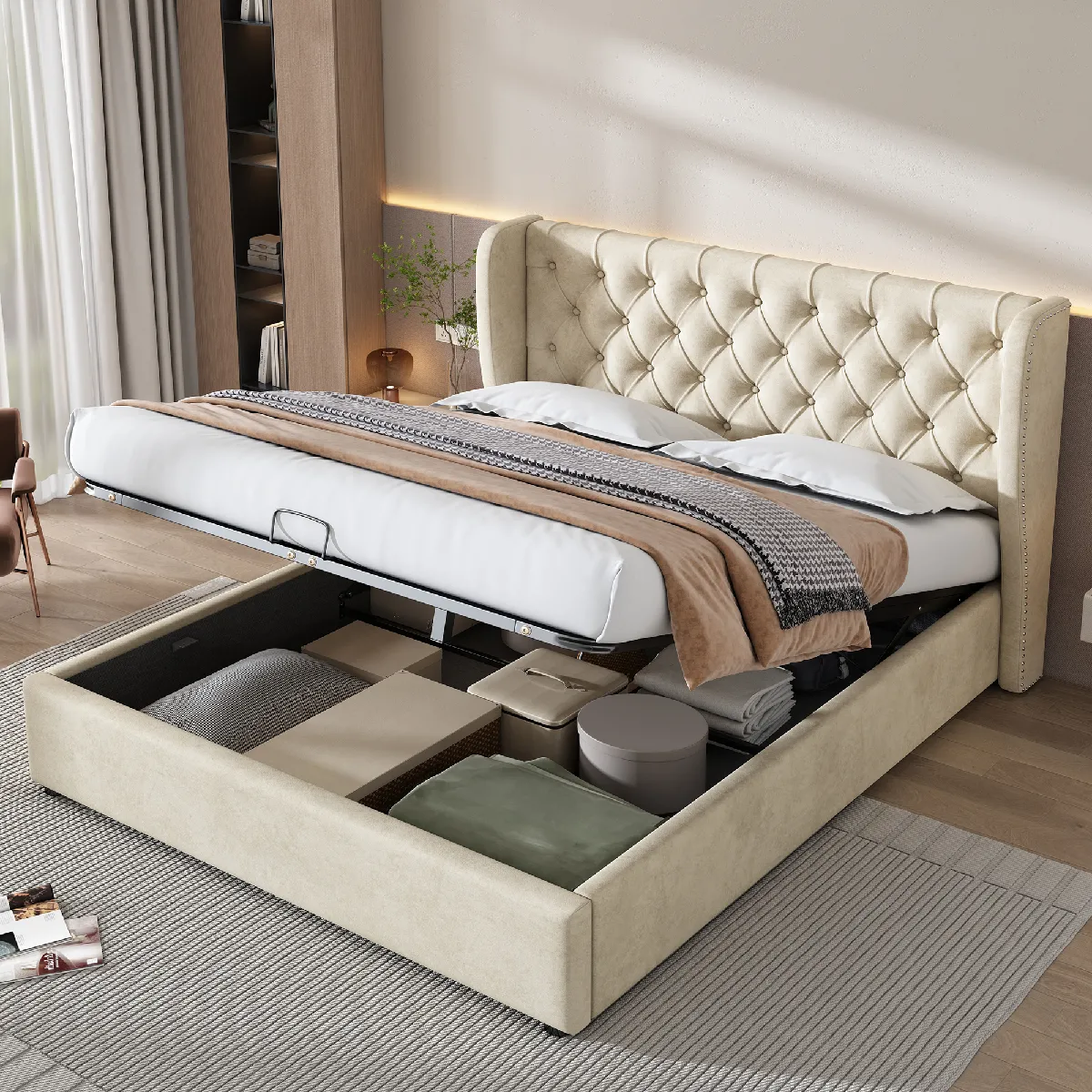 Lit coffre 160x200 cm - Lit coffre double - Beige Lit coffre 160x200 cm - Lit coffre double - Beige