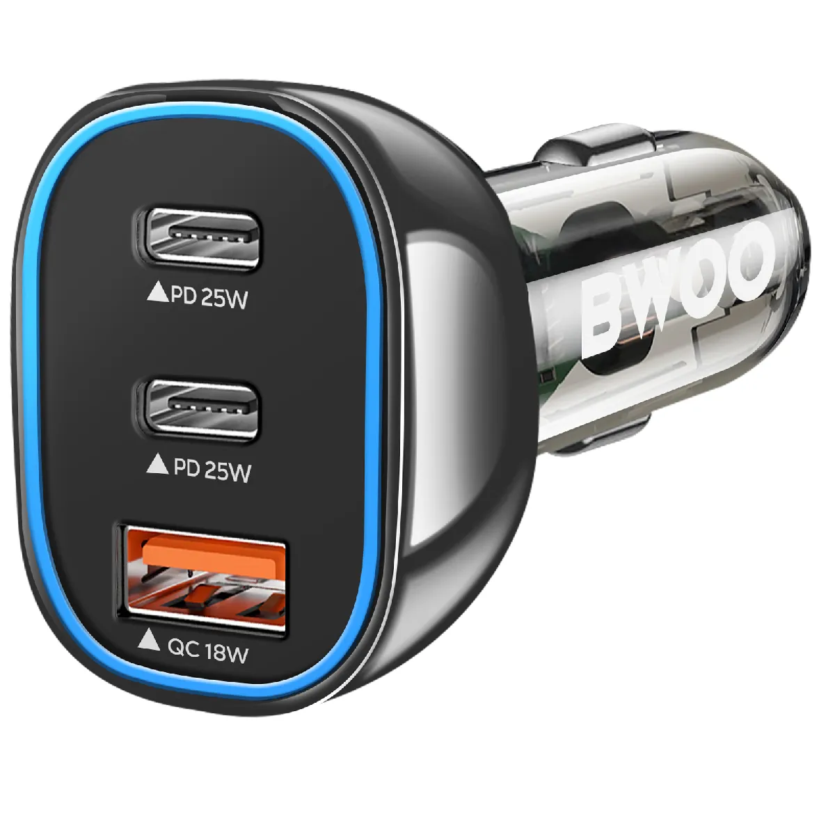 Bwoo Noir Chargeur Voiture Usb-C 25W + Usb 18W Charge Rapide Éclairage Led Transparent