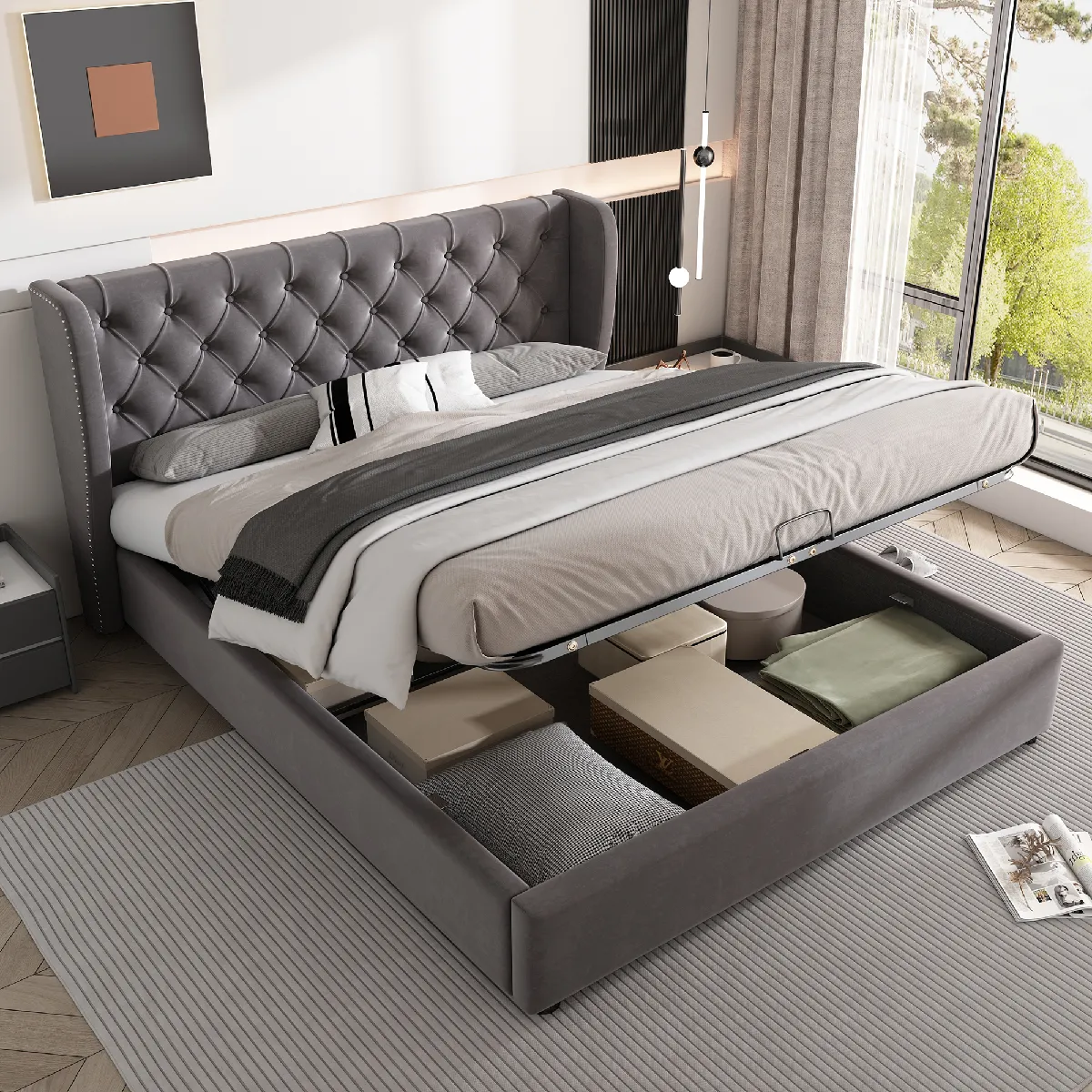 Lit coffre 140x190 cm - Lit avec rangement - Gris Lit coffre 140x190 cm - Lit avec rangement - Gris