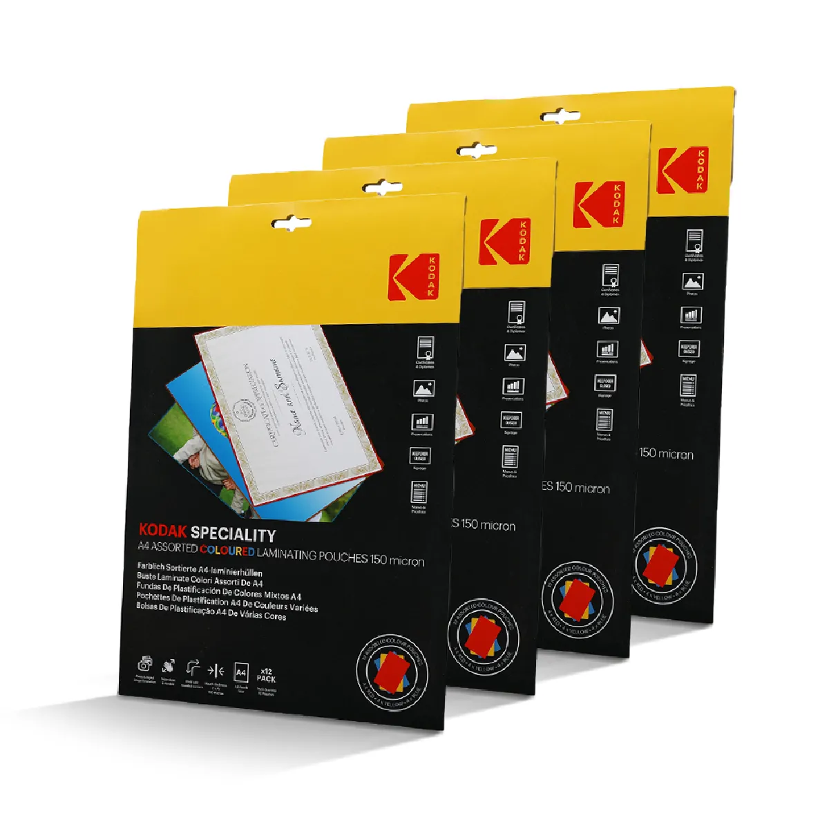 KODAK Pochettes de plastification A4 – KD LMA4CLR PK12C – Lot de 4 x 12 48 150 microns Couleurs assorties : Jaune