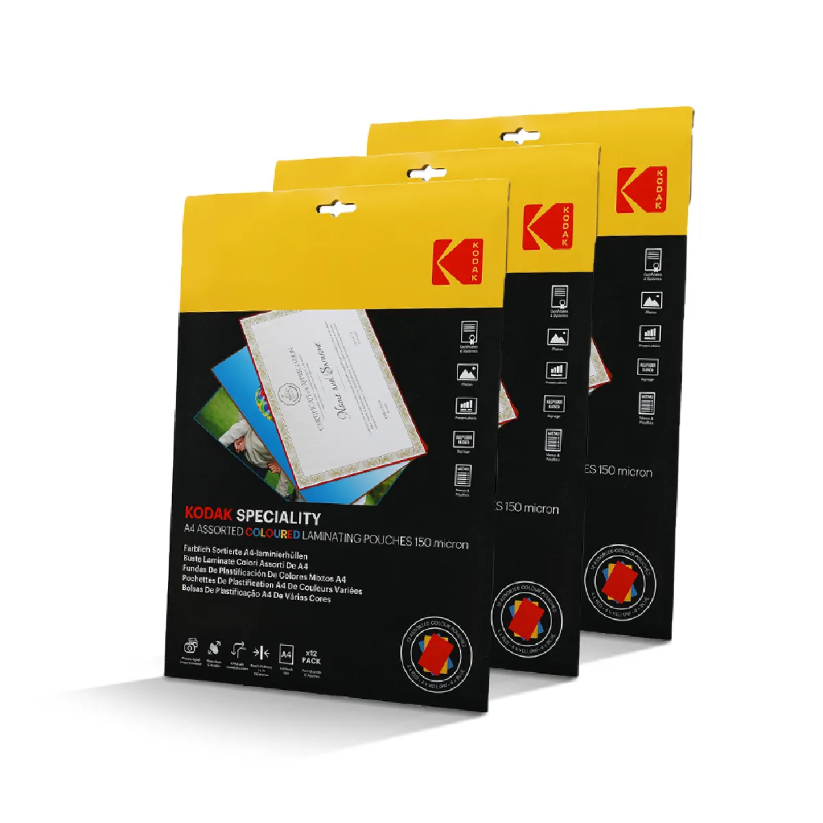 KODAK Pochettes plastifiantes A4 couleurs – KD LMA4CLR PK12C – 3 x 12 36 150 microns Jaune