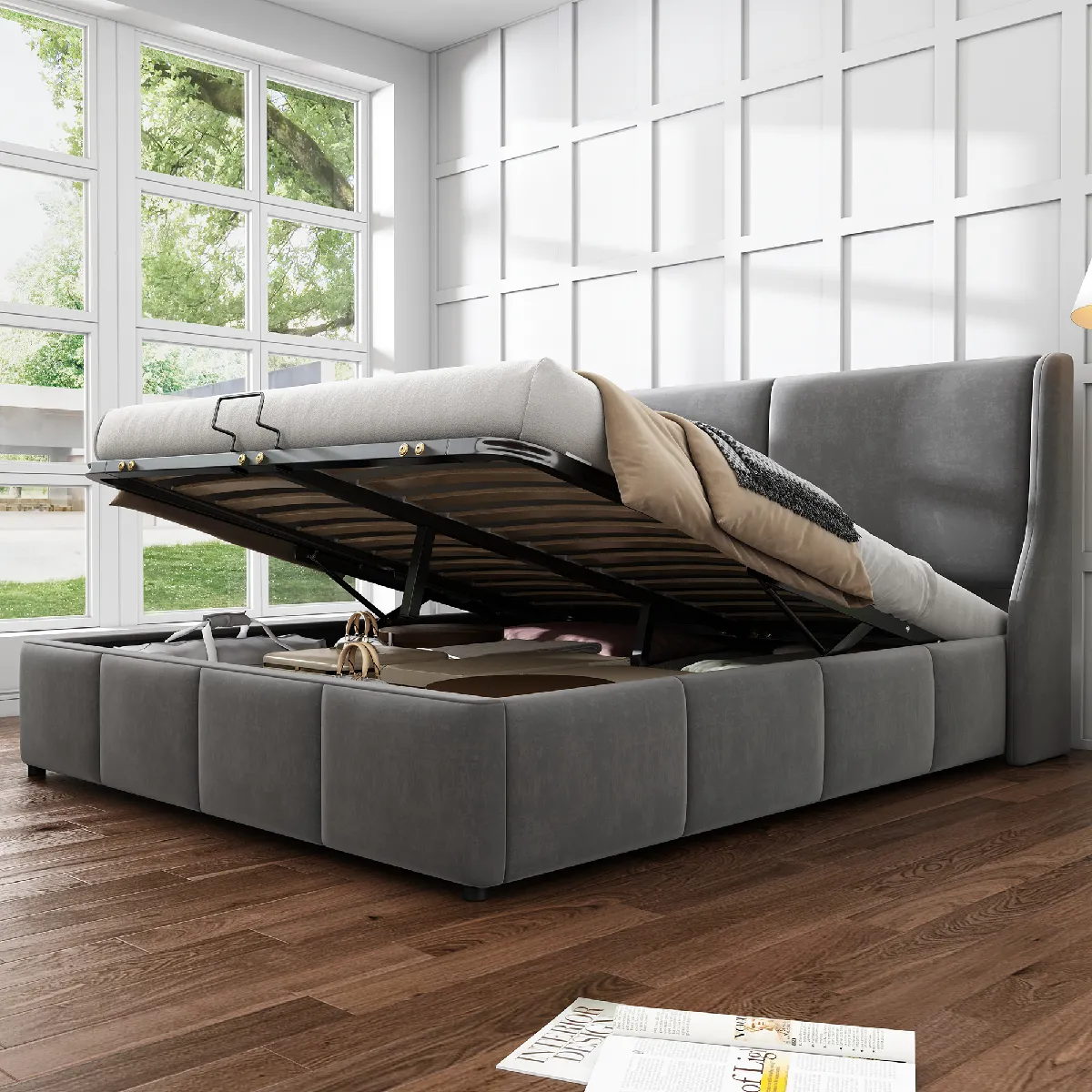 Lit coffre 140x190 cm - Lit tête oreille - Gris Lit coffre 140x190 cm - Lit tête oreille - Gris