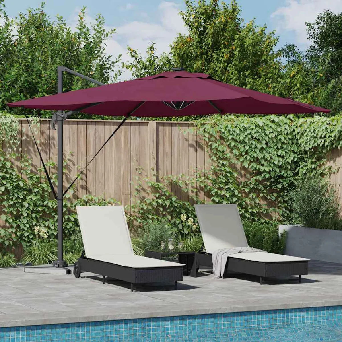 vidaXL Parasol Déporté Roma avec LED Bourgogne 286x285x270 cm Aluminium