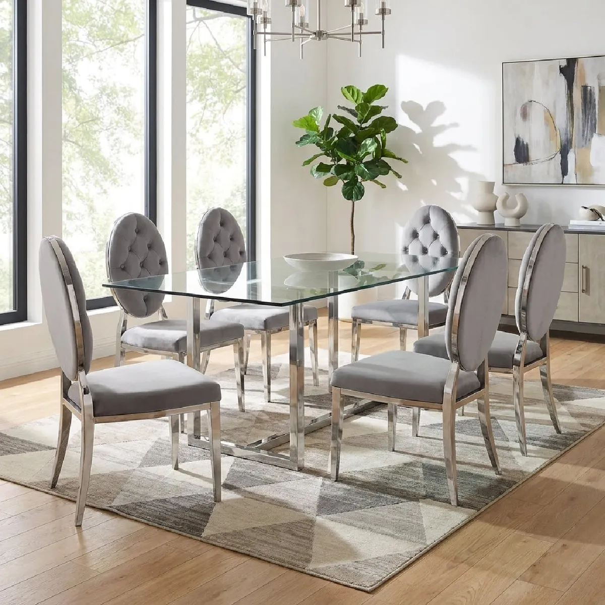 Lot de 4 chaises MEDAILLON capitonnées chrome et velours Gris