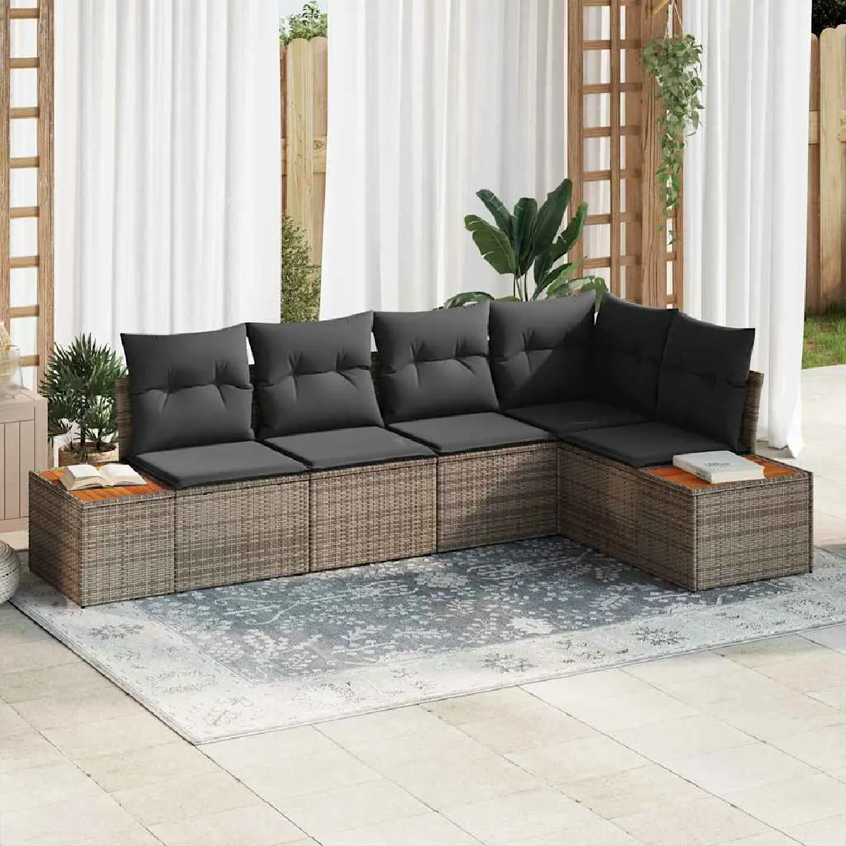 vidaXL Ensemble de canapé de jardin 5 pièces avec coussins Poly Rattan Acacia - vue 2