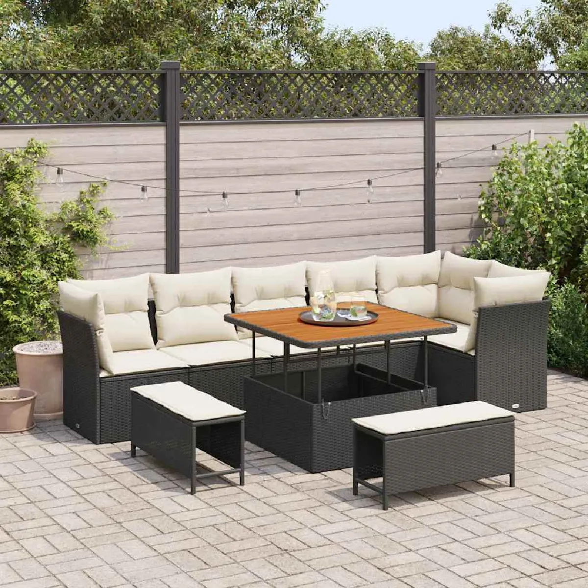 vidaXL Ensemble de canapé de jardin avec coussin 9 pcs Noir et crème