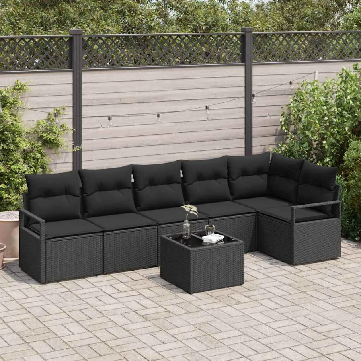 Vidaxl Noir Ensemble De Canapé De Jardin Avec Coussin 7 Pcs Polyrotin