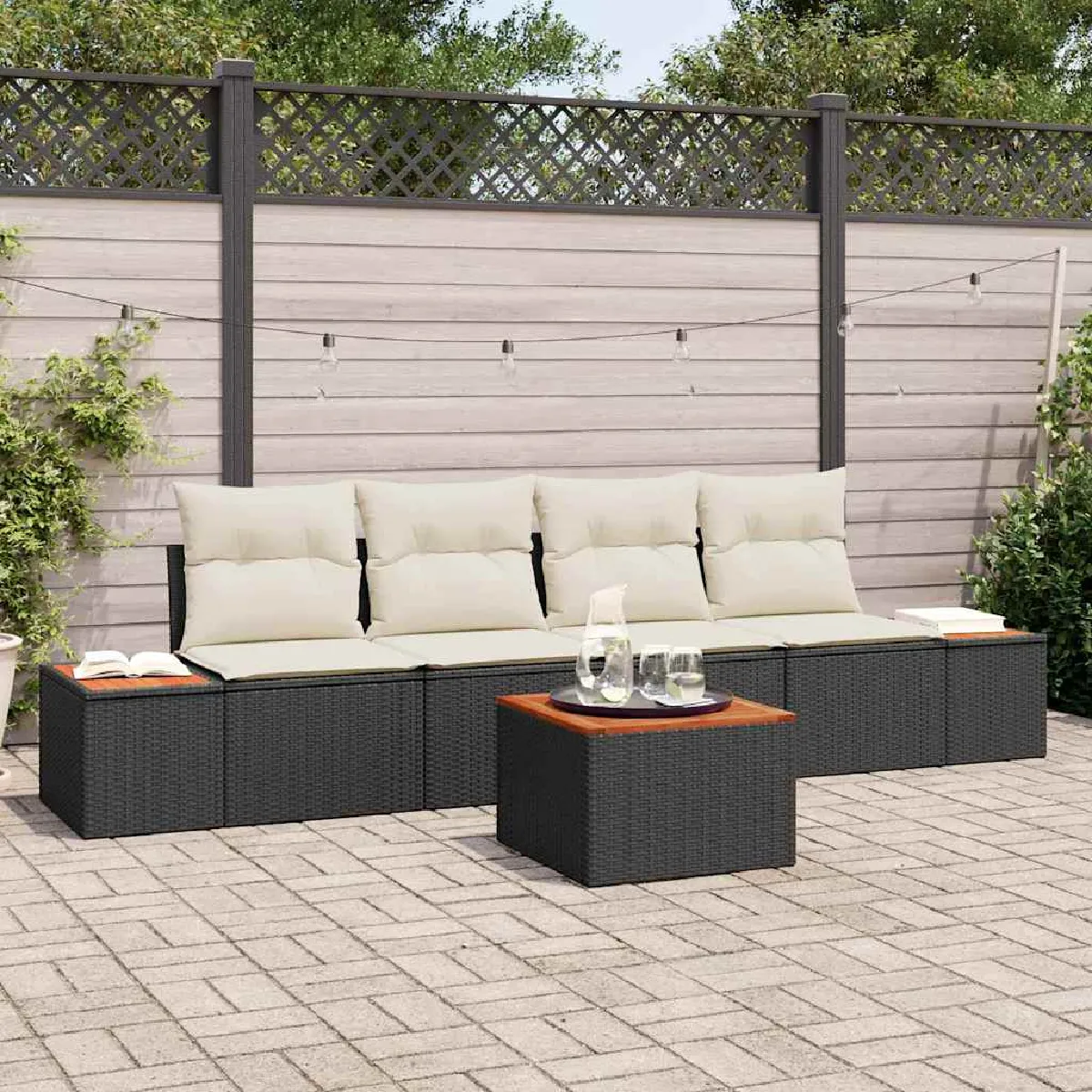 vidaXL Ensemble de canapé de jardin 5 pièces avec coussins Poly Rattan Acacia