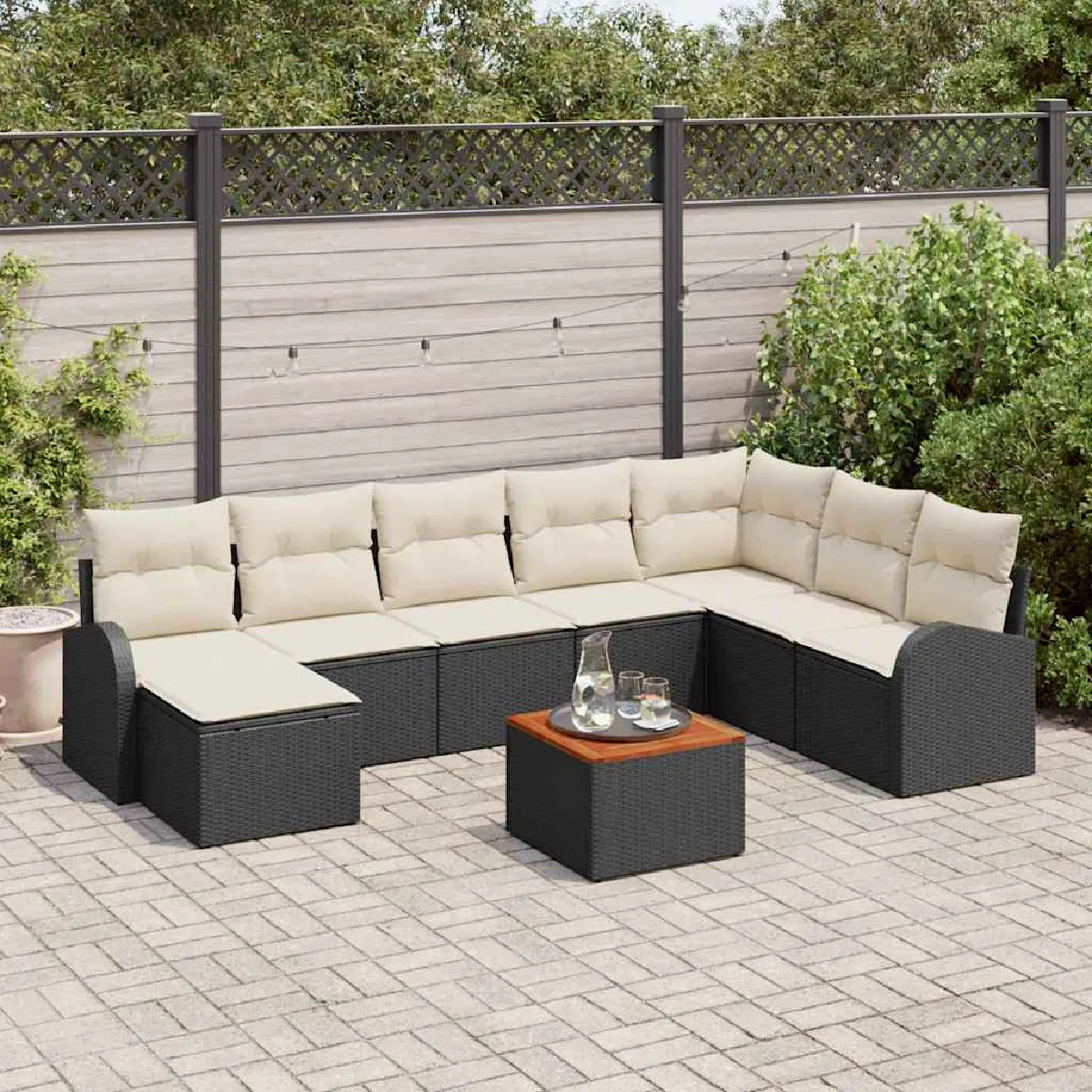 vidaXL Ensemble de canapé de jardin 9 pcs Noir et Crème polyrotin
