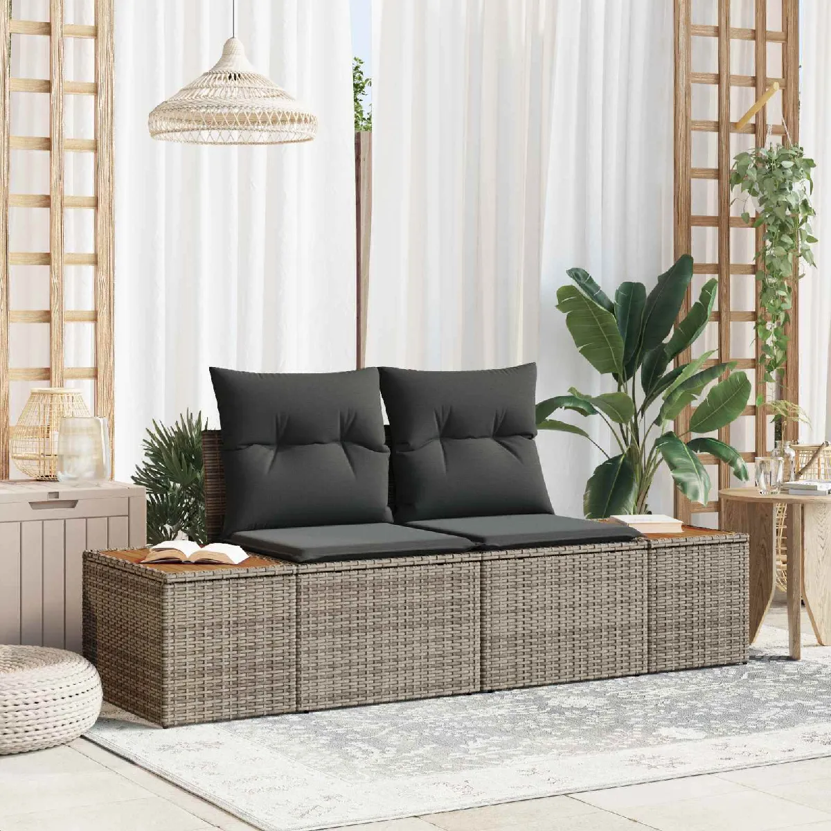 vidaXL Canapé de jardin 2 places avec rangement et coussins en poly rattan - vue 5