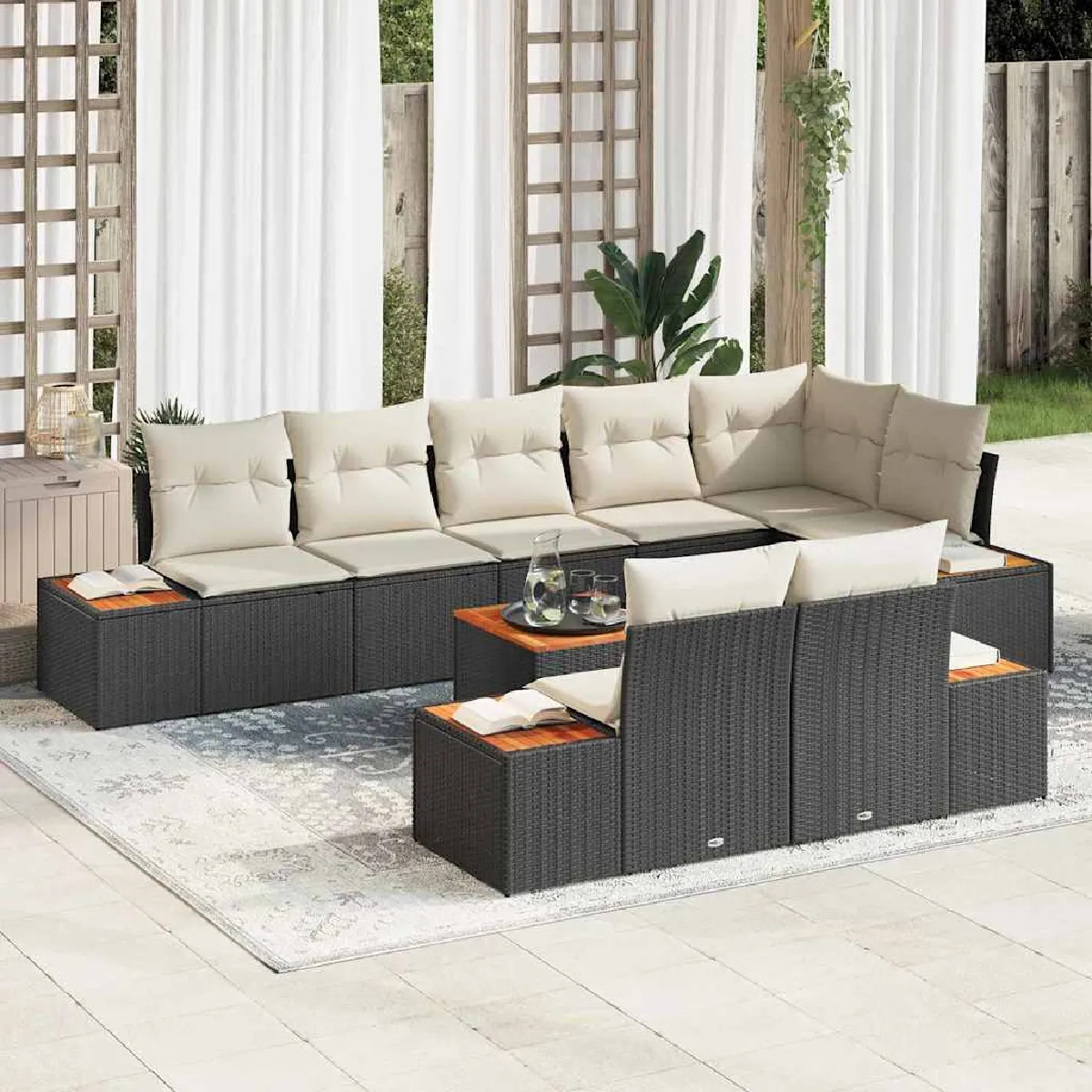 vidaXL Ensemble de canapé de jardin 9 pcs et crème Poly rotin - vue 2