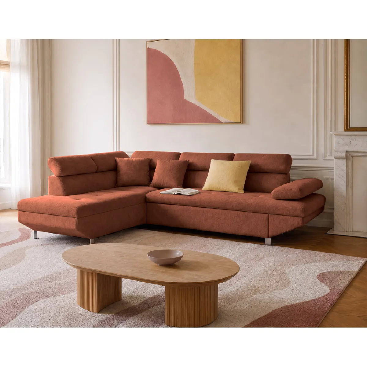 Margaux - Canap d'angle gauche 5 places convertible avec coffre et ttires rglables en velours textur - Terracotta