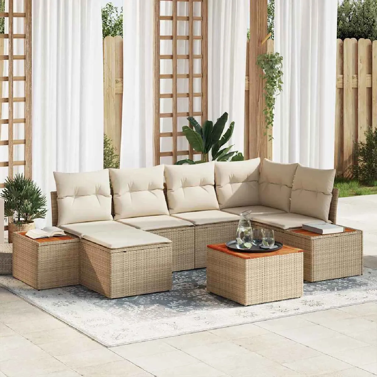 vidaXL Ensemble de canapé de jardin 7 pcs et crème Poly Rattan