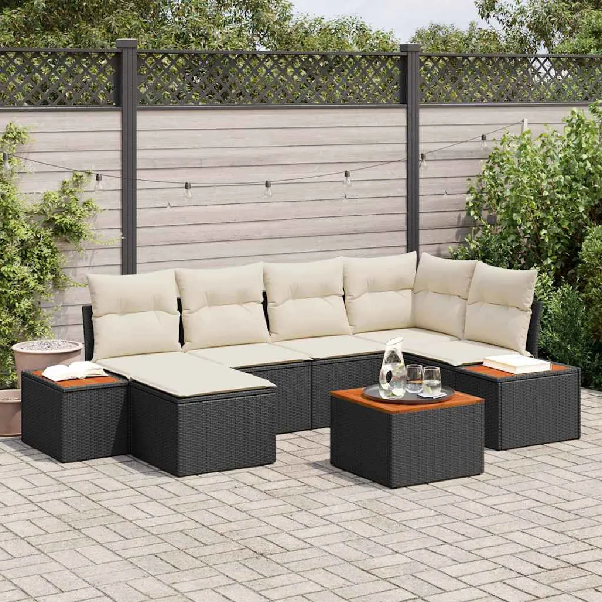 vidaXL Ensemble de canapé de jardin 7 pcs et crème Poly Rattan - vue 3