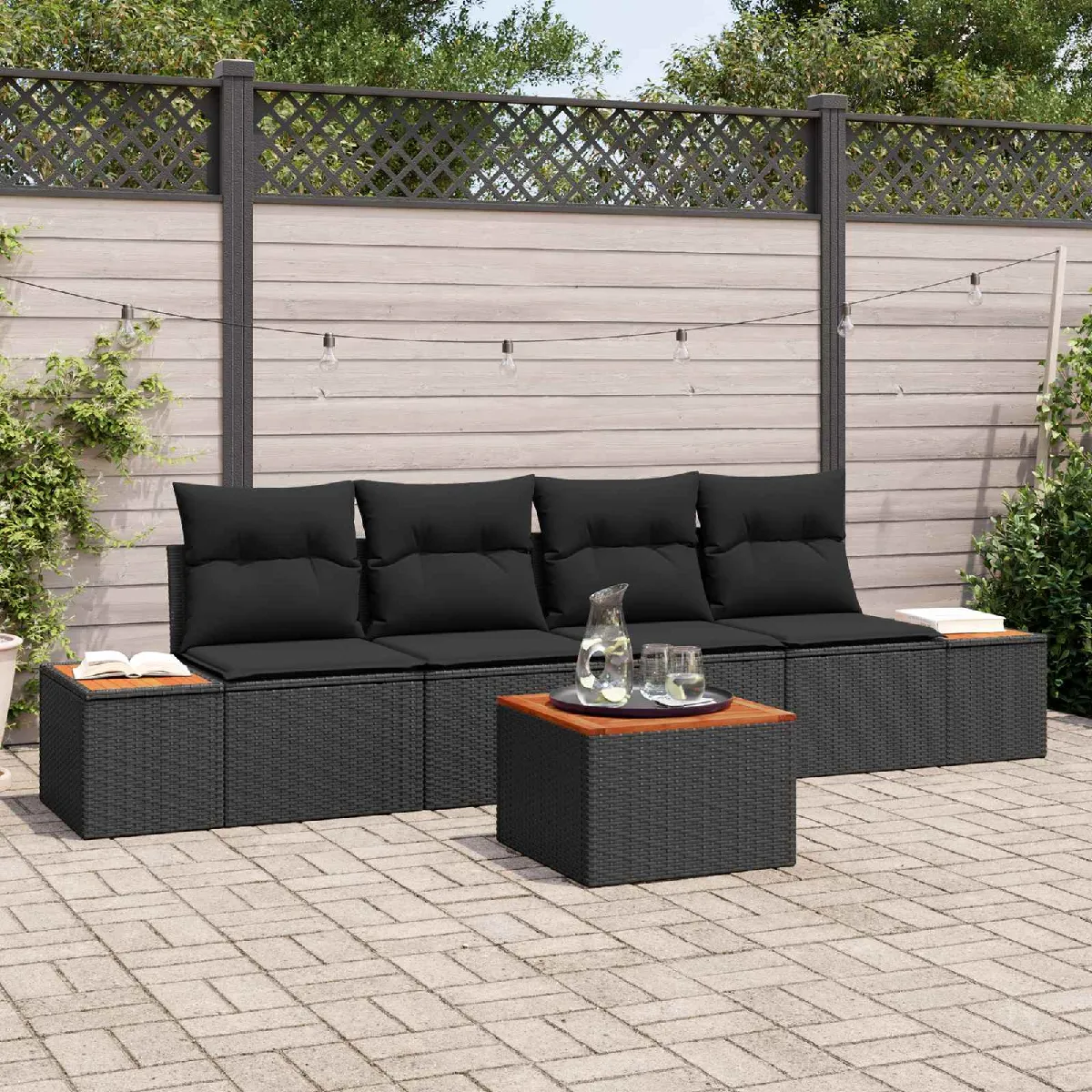 Ensemble de Canapés de Jardin 5 Pièces avec Coussins en Poly Rattan Acacia Canapé de Jardin 2 Places avec Coussins 3347448