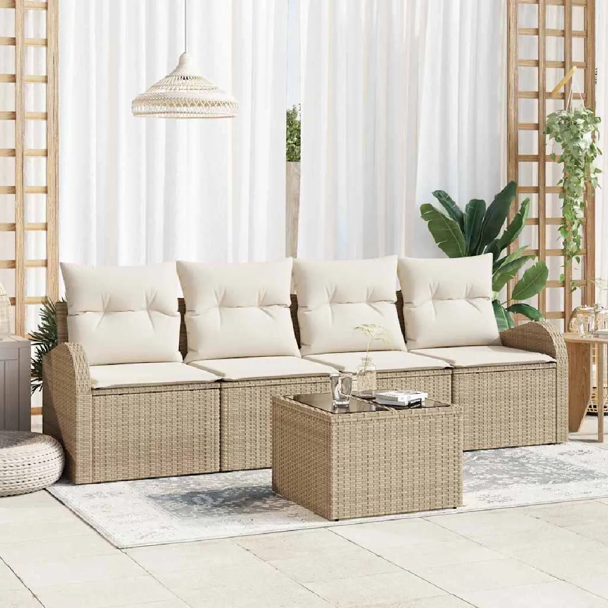 vidaXL Ensemble de canapé de jardin avec coussin 5 pcs et crème - vue 5